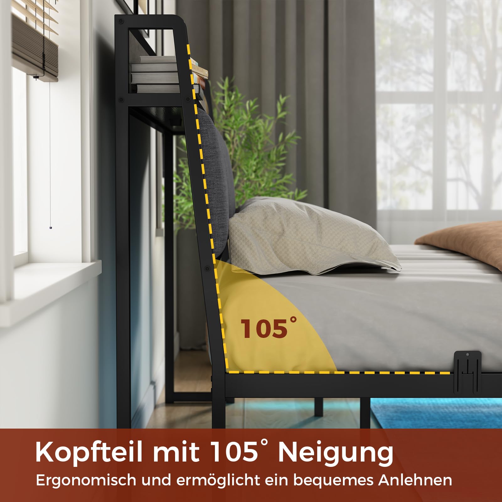 KIMENICH Bett 140 x 200, Bett mit LED-Beleuchtung, Polsterbett 140x200, Schwebender visueller Effekt, Ladestation, Bettgestell mit Lattenrost, für Schlafzimmer, Gästezimmer, Leinenstoff Grau