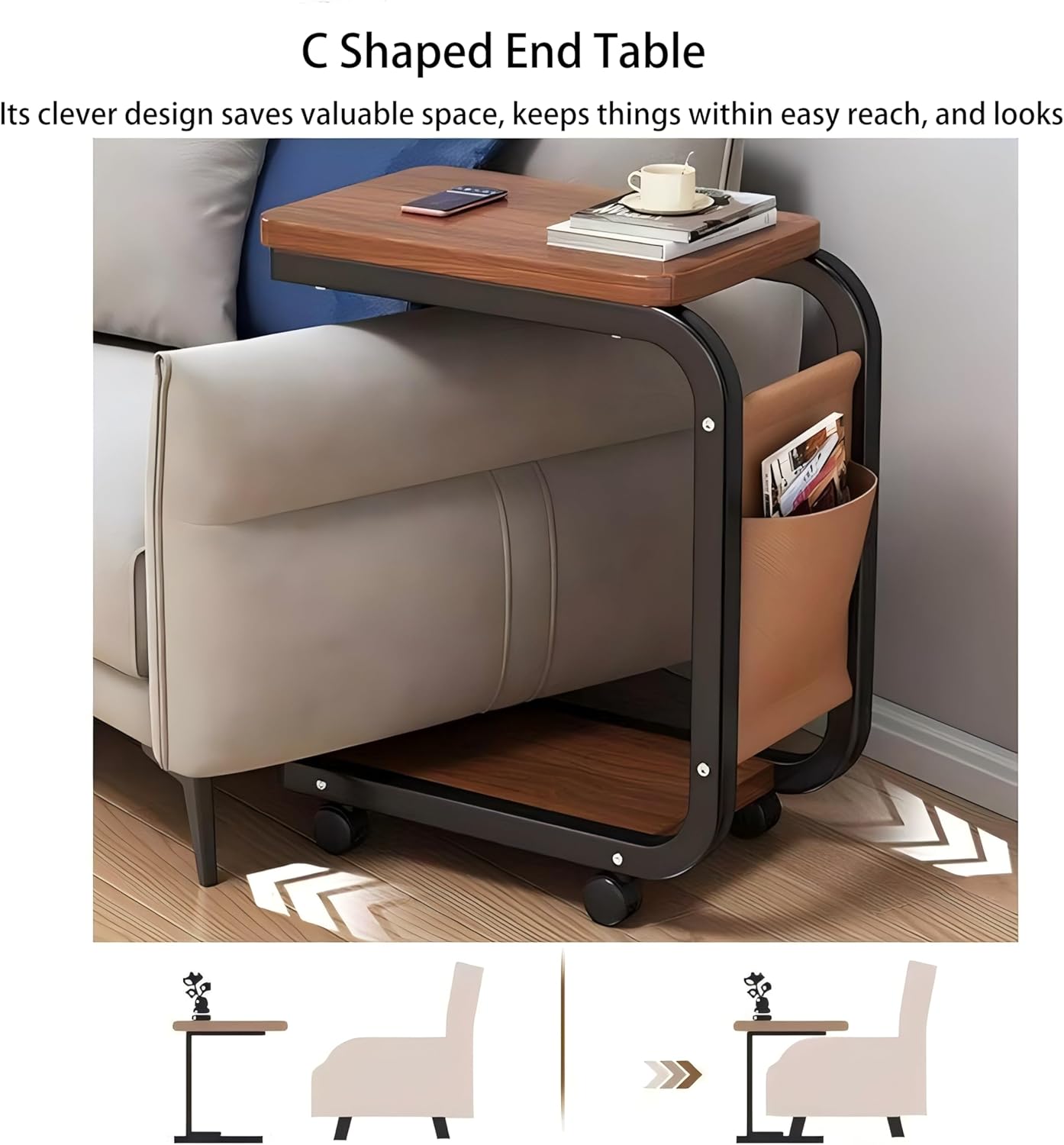 DJDLMDD Multi-Purpose Storage C Table End Table TV Tray Table for Small Spaces, Side Tables with Wheels for Living Room and Bedroom for Small Spaces, Couch Tables, That Slide Under, with Wheels
