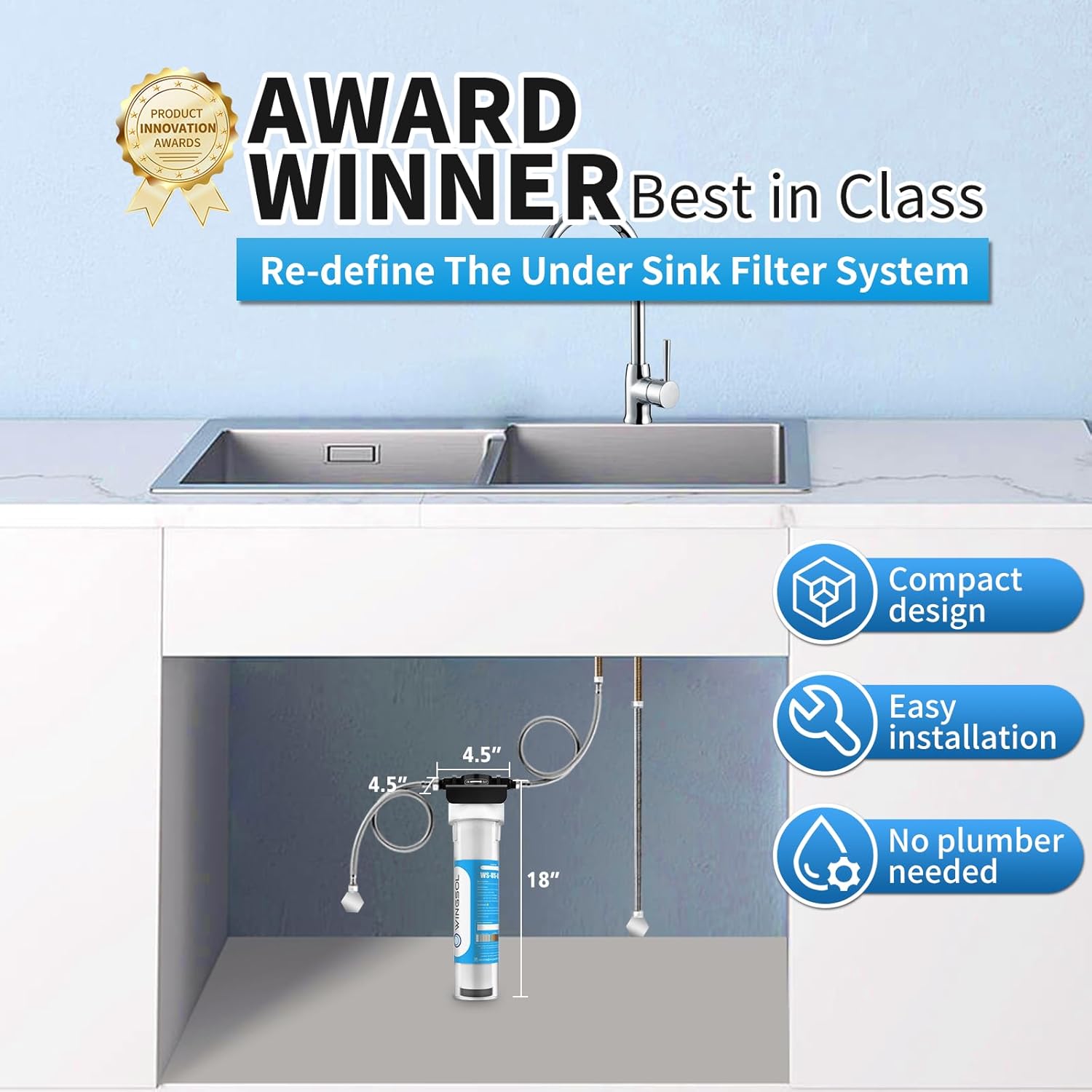 WINGSOL Jumbo Under Sink Water Filter Replacement, Reduce Heavy metals, Chlorine, Alkalize, Long-lasting, 5-in-1, work with WS-US-001 Jumbo advanced (F), Model#WS-USRF-001 Jumbo Advanced