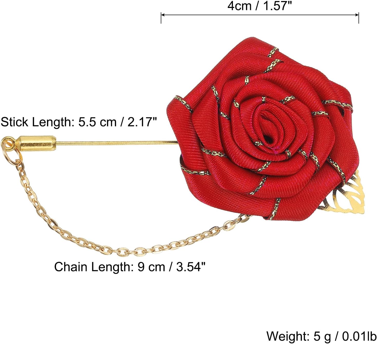 MECCANIXITY Lapel Pin for Men Cloth Rose Flower Pin Suit Lapel Stick Handmade Boutonnieres with Leaf & Trim/Tassel Chain Brooch for Bridegroom Wedding