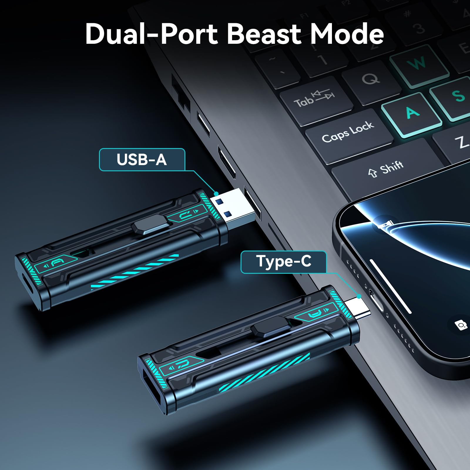Fikwot WU350 SSD Portatile 256GB, Unità ad Alte Prestazioni fino a 550 MB/s, Doppio Connettore USB 3.2 Gen 1 e USB-C, Compatibile con iPhone, Android, Mac e PC
