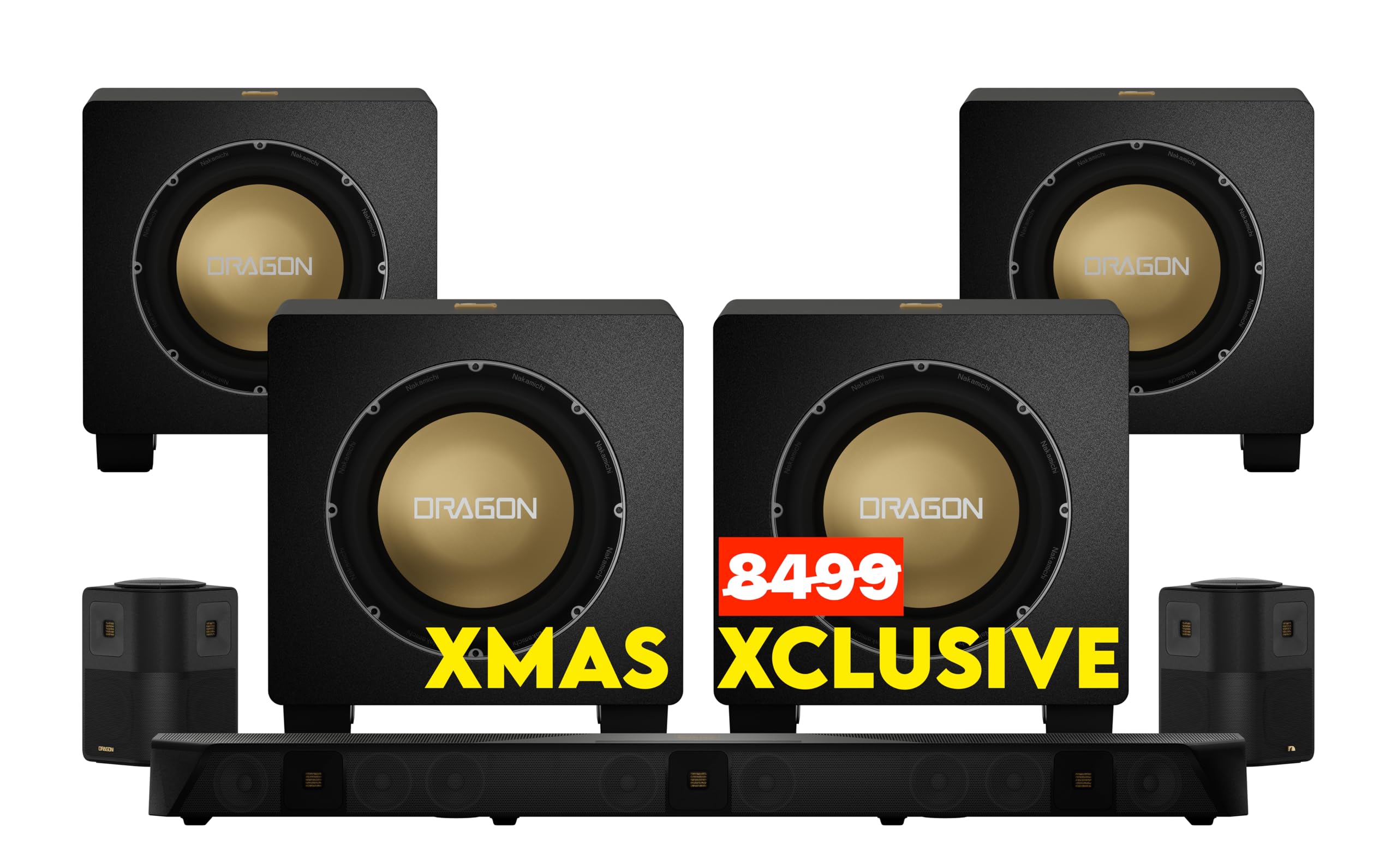 Dragon Home Surround Sound System with Quad 12" Subwoofers, Dolby Atmos and DTS:X Pro. Soundbar Meets AV Receiver