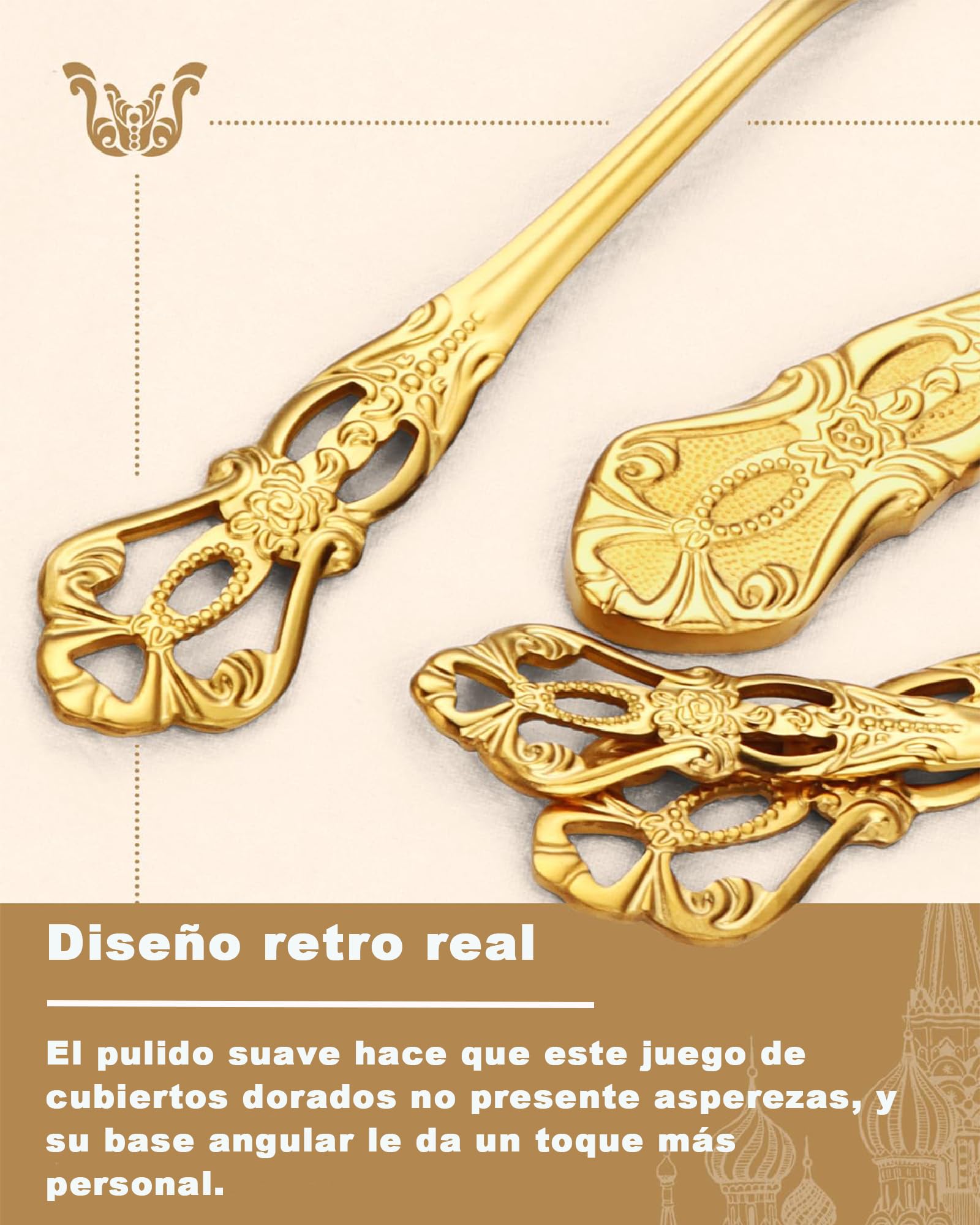 Juego de Cubiertos de Oro Retro para 6, Hermoso Set Dorado de Acero Inoxidable 24 Piezas, Servicio para 6, Tenedor Cuchara Cuchillo, Estilo Barroco Antiguo
