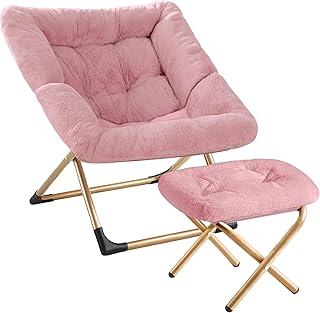 Comfy Oversized Saucer Chair with Ottoman,Soft Faux Fur Reading Lounge C...