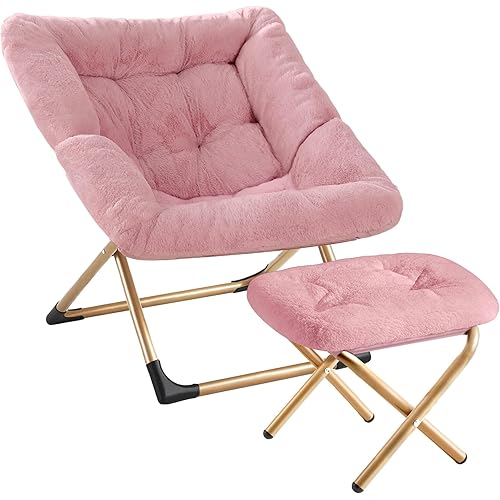 Comfy Oversized Saucer Chair with Ottoman,Soft Faux Fur Reading Lounge Chair for Adults,Stable X-Large Metal Frame and Non-Slip Pad,Cozy Chair for Bedroom, Living Room, Dorm, Office, Pink