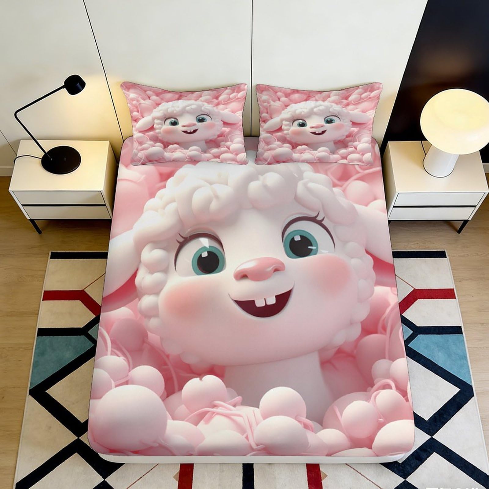 Whimsical Pink Cartoon Lamb Fitted Sheet 3D Printed Soft Touch Microfiber Bedroom Decor, Guest Room Bedding, Wrinkle Resistant, Easy Care 90x200x25cm