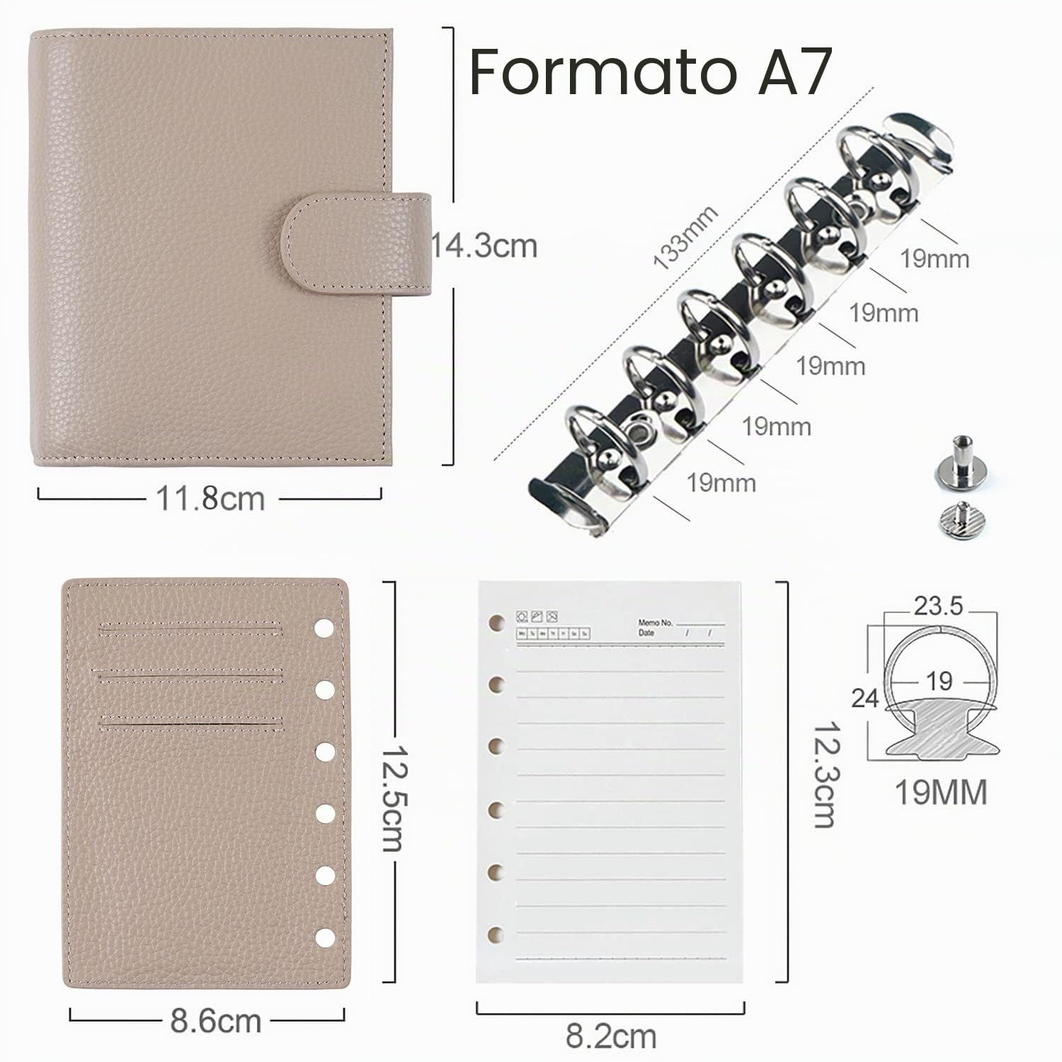 Moterm Agenda Tasca con Anelli Regolare - Organizzatore Raccoglitore in Vera Pelle (Grigio Talpa, Anello da 19 mm)