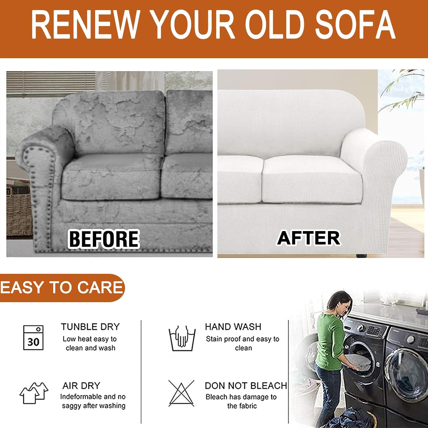 Couch Covers High Stretch Sofa Slipcovers Separate Couch Cushion Covers Living Room Chair Slipcover 2 Pieces Armchair Covers for 1 Seat Sofa (Armchair,White)