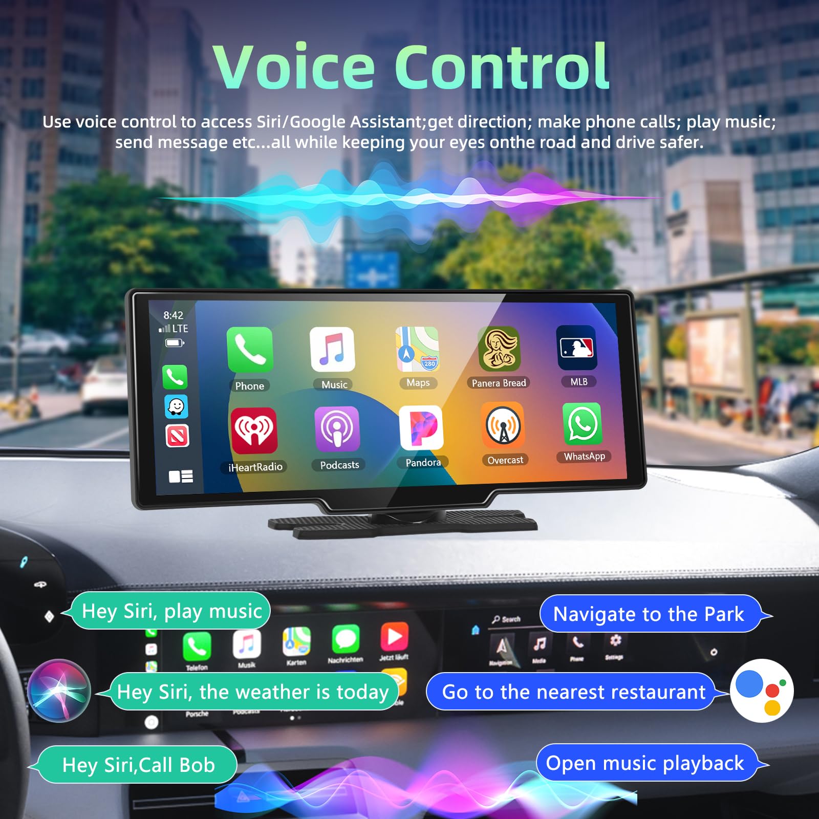 Écran CarPlay Voiture sans Fil Android Auto, Écran Tactile de 10,26 Pouces Voiture Stéréo, Autoradio Portable avec Navigation GPS Bluetooth Contrôle Vocal Mirror Link AUX/FM CarPlay Voiture