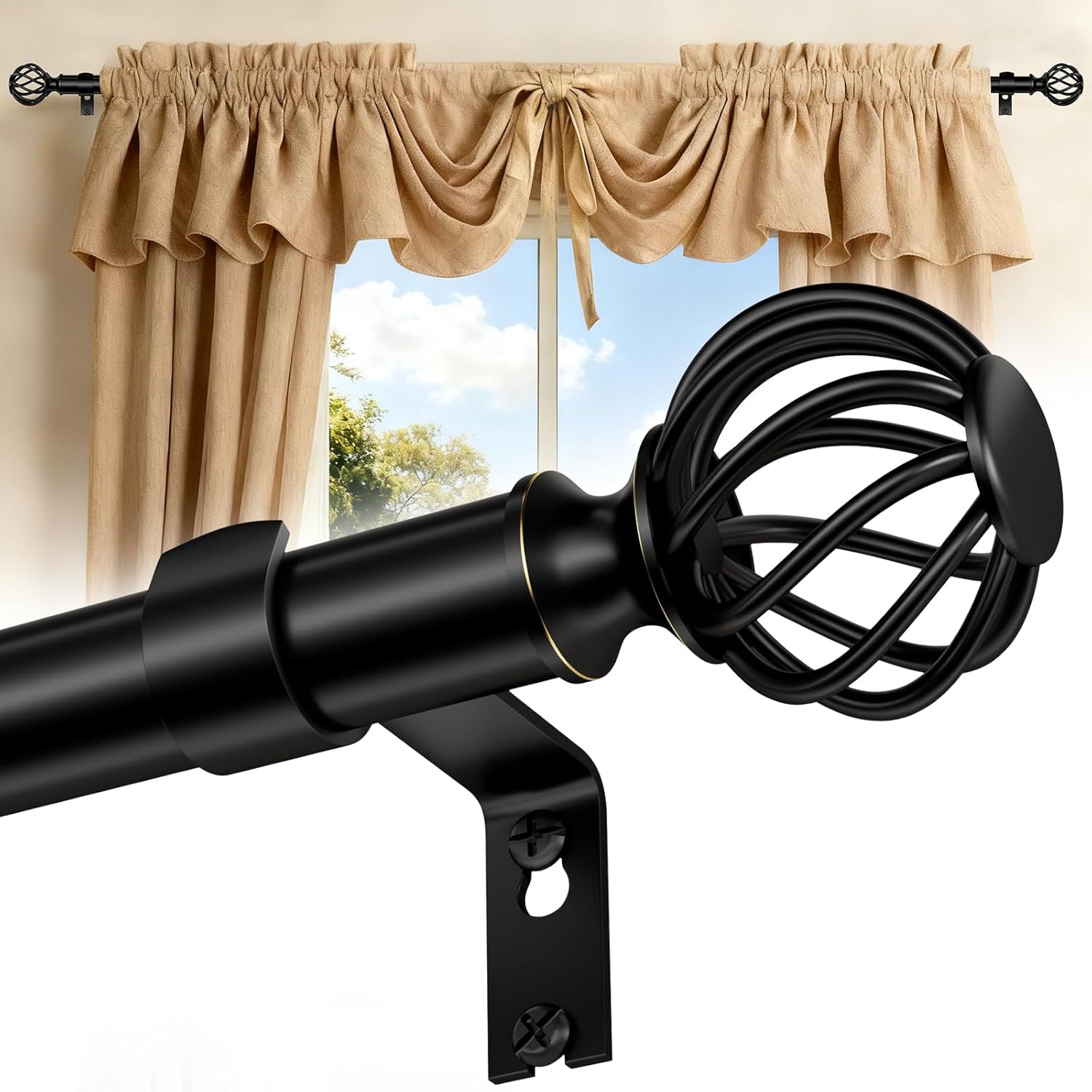Curtain Rods for Windows 36-120 Inch(3-10Ft), Matte Black Long Decorative Curtain Rod Adjustable, Heavy Duty 1 Inch Drapery Rod for Living Room Bedroom Kitchen Outdoor
