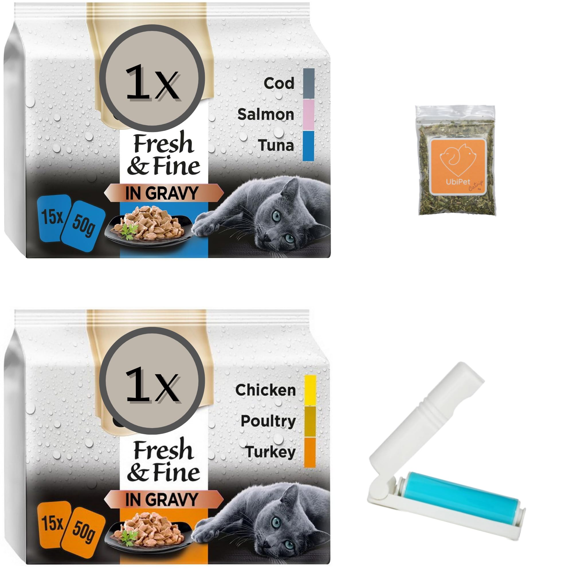 Wet Cat Food Bundle with Fresh and Fine in Gravy with Poultry, Chicken, Turkey, Salmon, Tuna, Cod (2x15 Pack - 30 Pouches in Total),UbiPet Catnip and Lint Roller