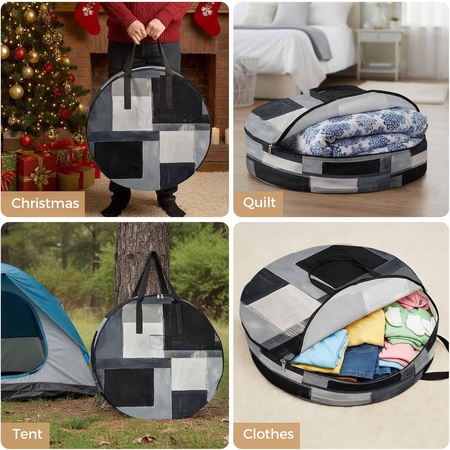 Black Grey Round Storage Bag 36 Inch, Modern Abstract Art Geometric Clothes Storage Container with Handles Heavy Duty Organizer for Comforter, Bedding & Holiday Wreaths