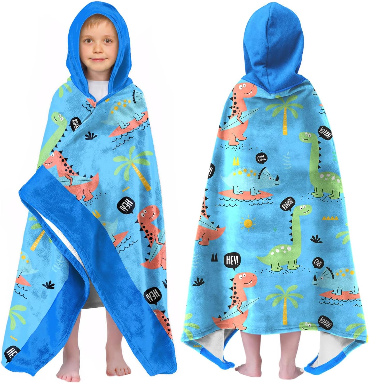 Ritiga Dinosaur Boys Beach Towel with Hoodie for Kids Toddlers Age 4-8,Dino Blue Bath Towels Shower Wrap for Boys, Hooded Poncho Beach Blanket for Pool Swimming Cute Wearable Bath Towel for Child