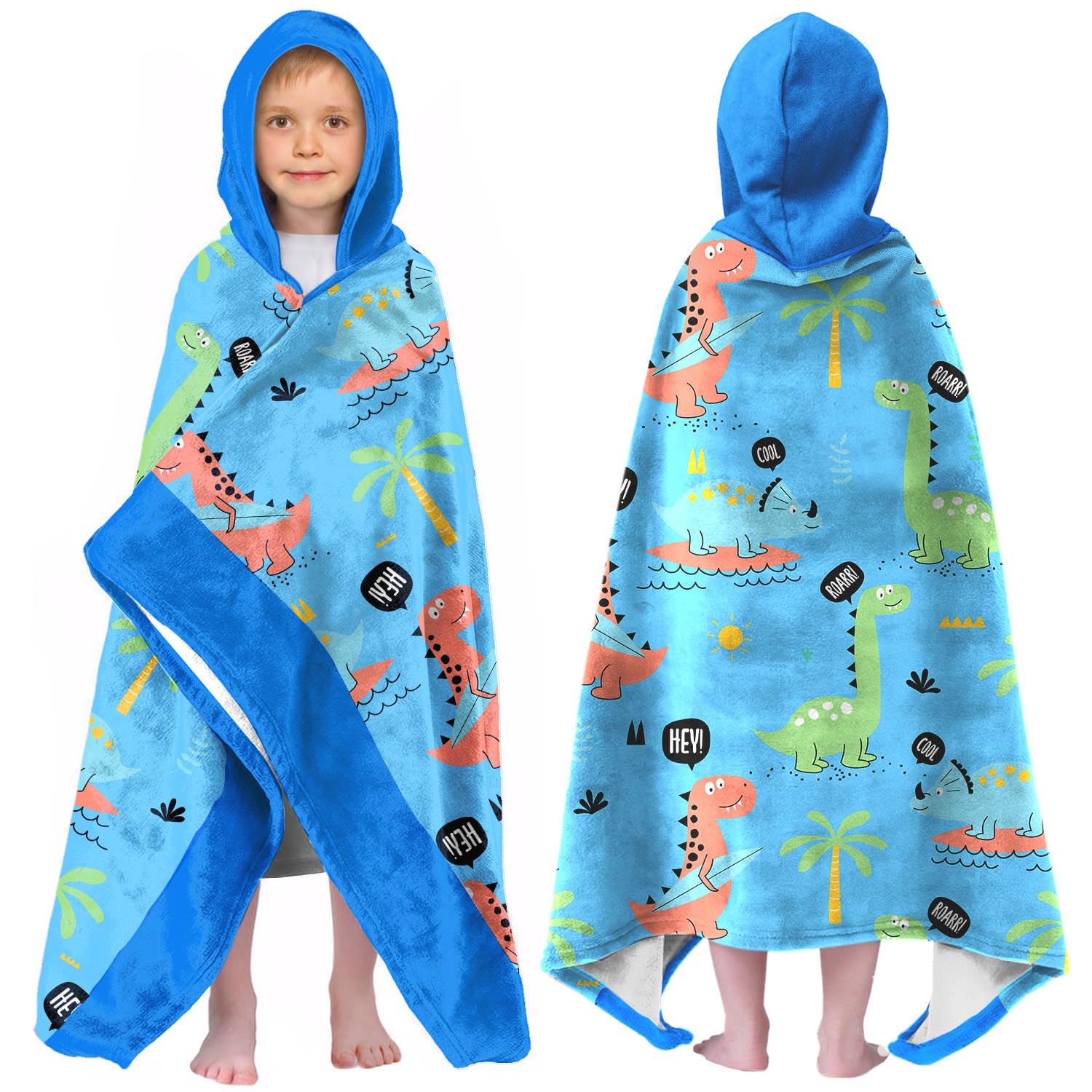 Ritiga Dinosaur Boys Beach Towel with Hoodie for Kids Toddlers Age 4-8,Dino Blue Bath Towels Shower Wrap for Boys, Hooded Poncho Beach Blanket for