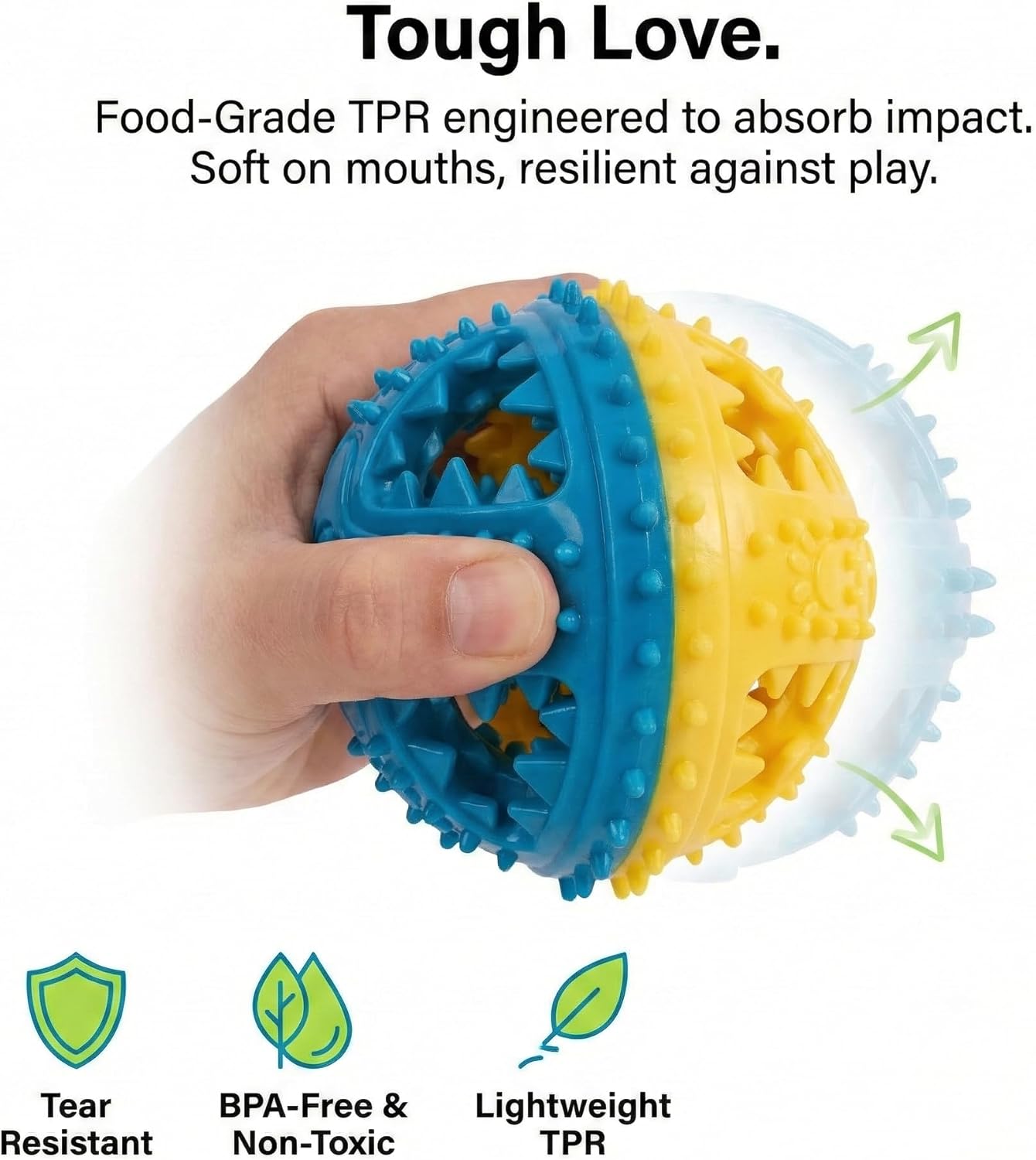 Spiky Dog Ball with Internal Bell - Rigid TPR Durable Fetch Toy - Squeakless Rattle Sound - Hard Textured Dental Surface for Teeth Cleaning & Medium Large Breeds (3-Versions-in-1)