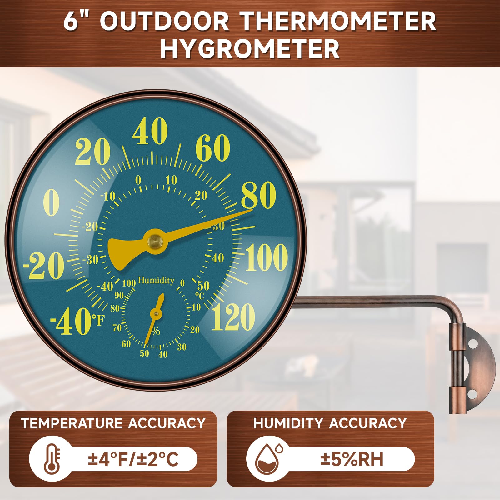 6 Zoll Außenthermometer Hygrometer, großes Messing Retro Terrassenthermometer, wasserdichte Temperaturanzeige mit leicht ablesbarem Fenster für Haus, Terrasse, Garten, Garage, Wandhalterung