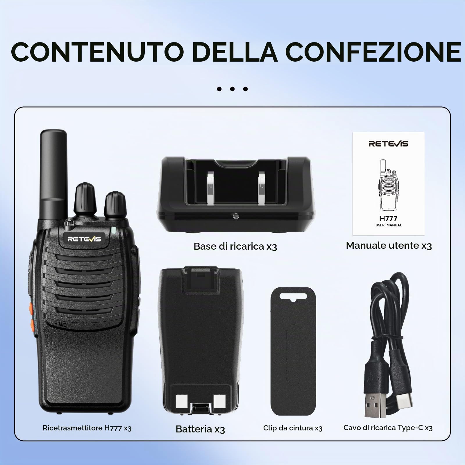 Retevis H777 Walkie Talkie Nero, PMR446 Ricetrasmittenti Professionali Associazione con un Tasto Radio Bidirezionale per Famiglia Ciclismo