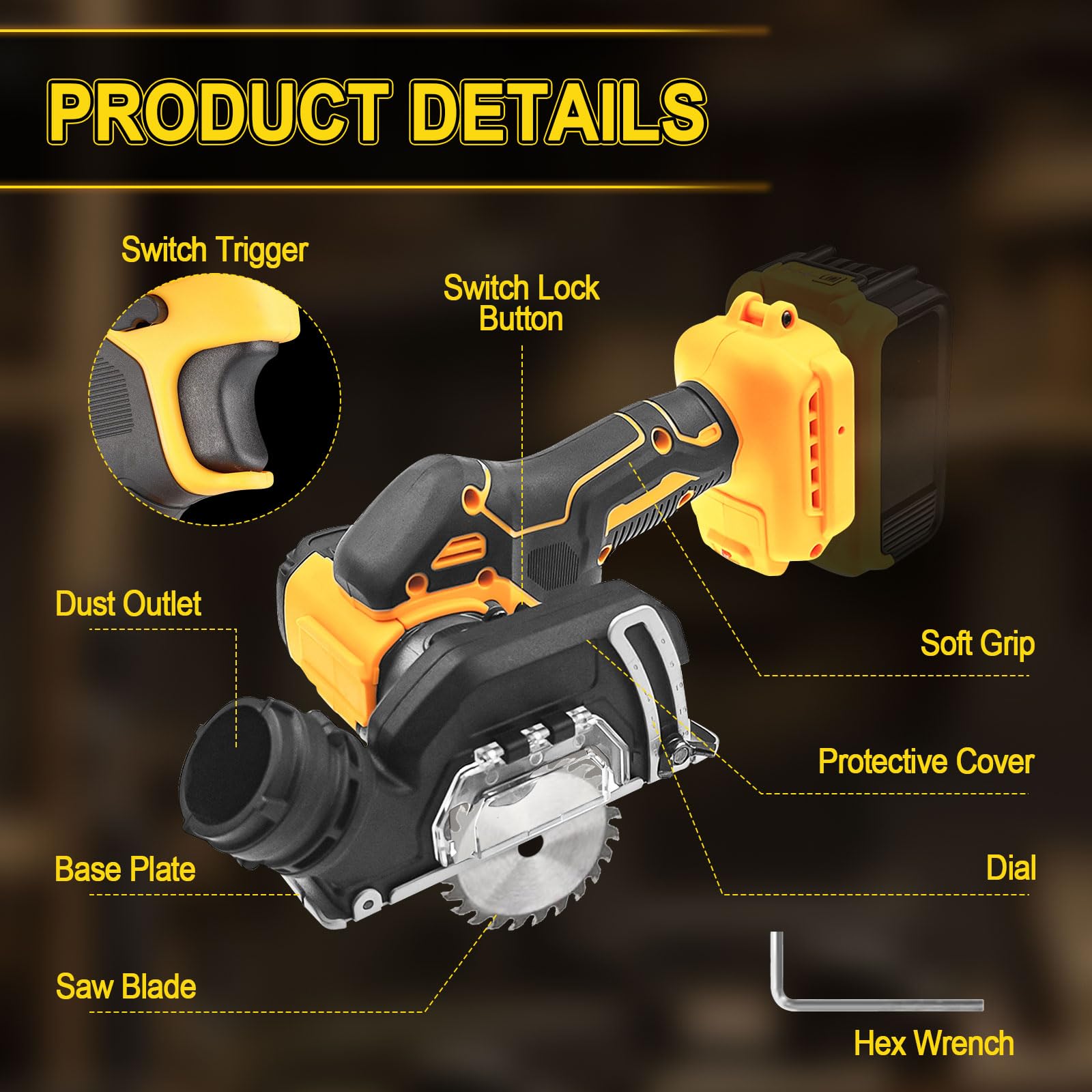 Meuleuse d'angle sans fil compatible avec Dewalt 20 V batterie, outil de coupe sans fil 20 000 tr/min, moteur brossé avec 4 lames de 7,6 cm pour coupe du bois, du plastique, du métal
