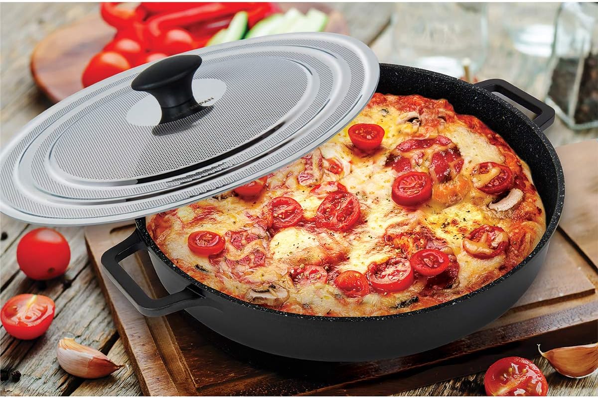 MasterPan Non-Stick Stovetop Oven Grill Pan with Heat-in Steam-Out Lid, nonstick cookware, 12", Black,