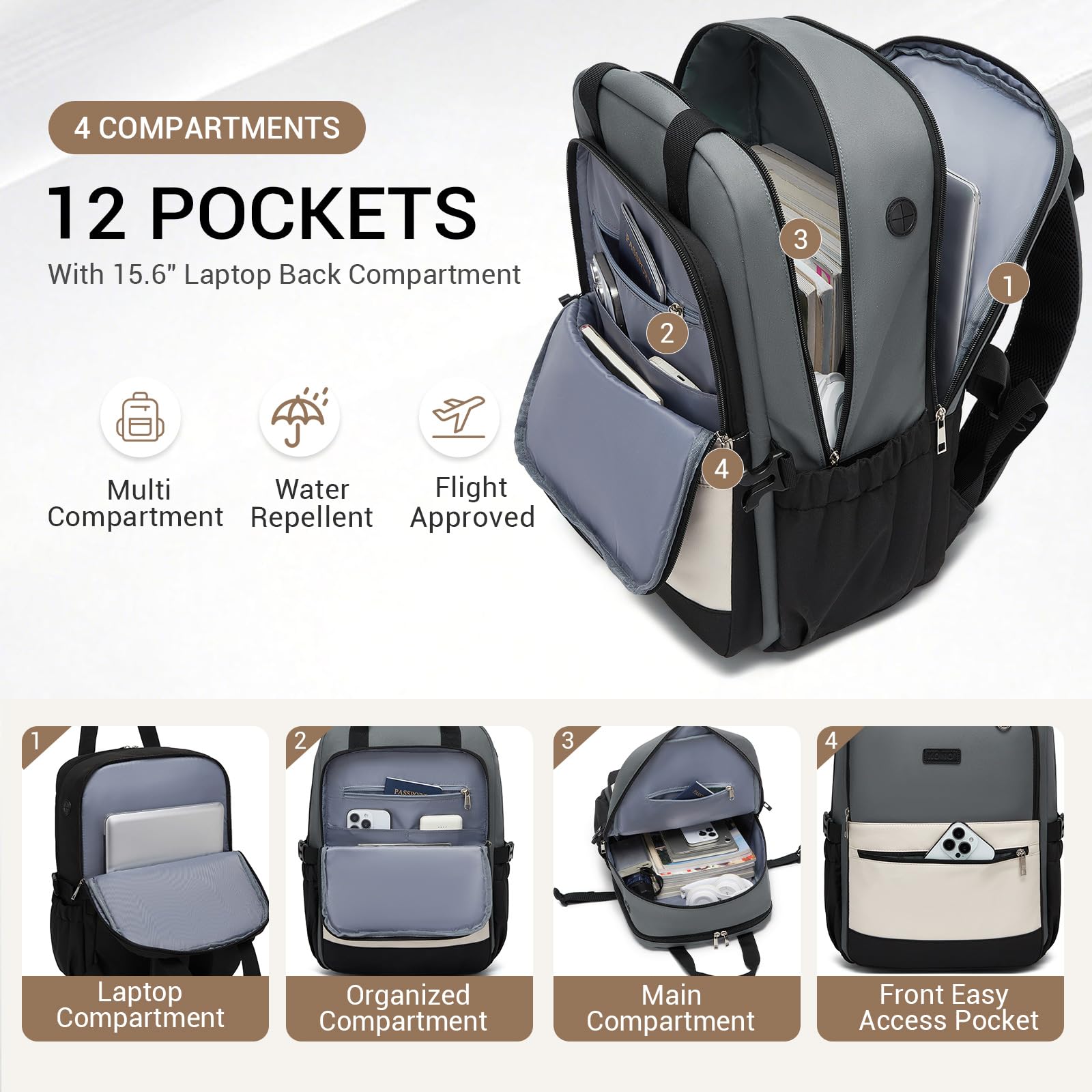 Kono Mochila para Portátil 15,6 Pulgadas Mujer, Gran Capacidad, Impermeable con Bolsillo para Botella, Ideal para Trabajo, Universidad, Viajes(Gris/Beige)