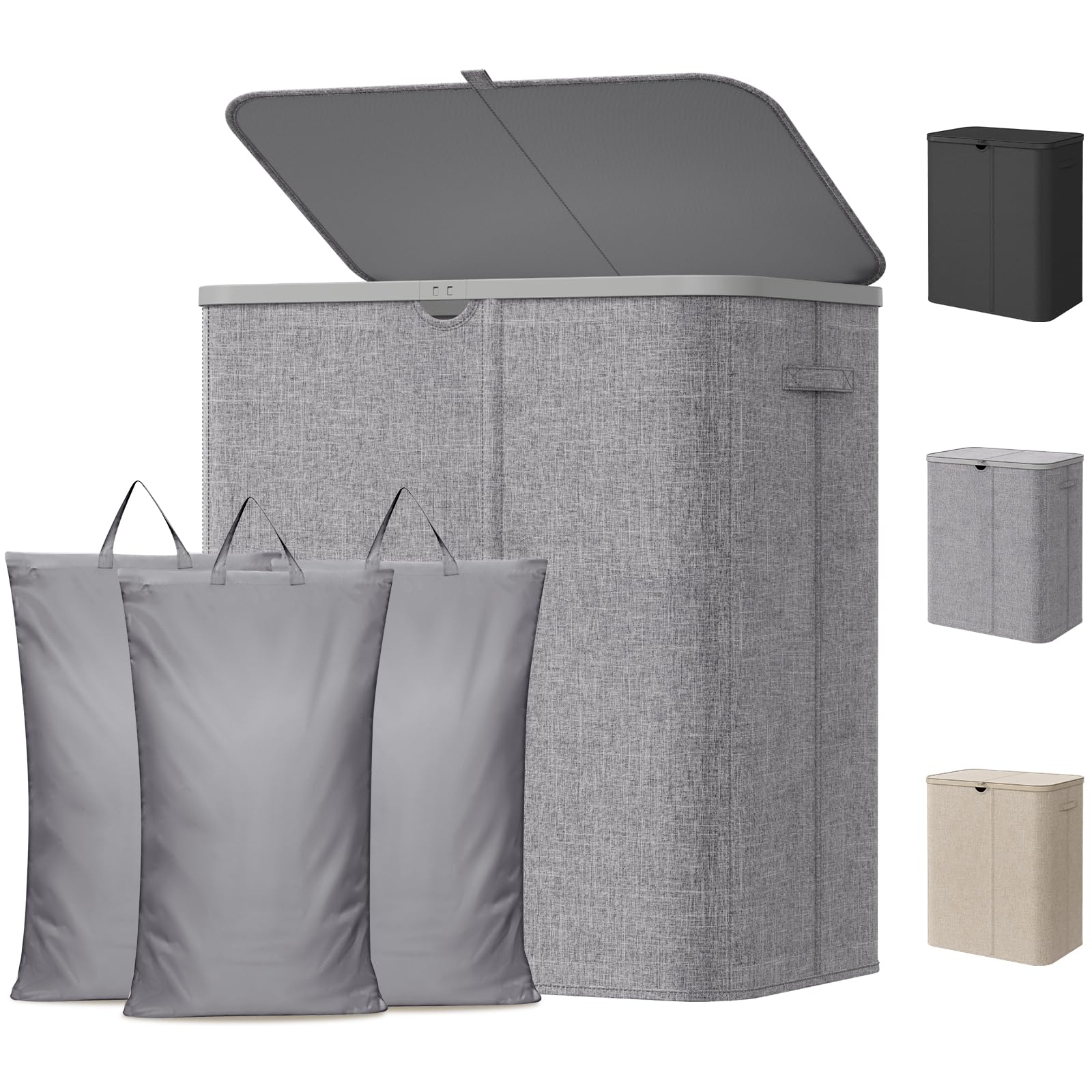 Lifewit 165L Laundry Basket with Lid, 3 Section Washing Basket with Handles and Bag, Large Foldable Dirty Clothes Organiser with Plastic Frame for Laundry Room, Bedroom, Bathroom, Light Gray