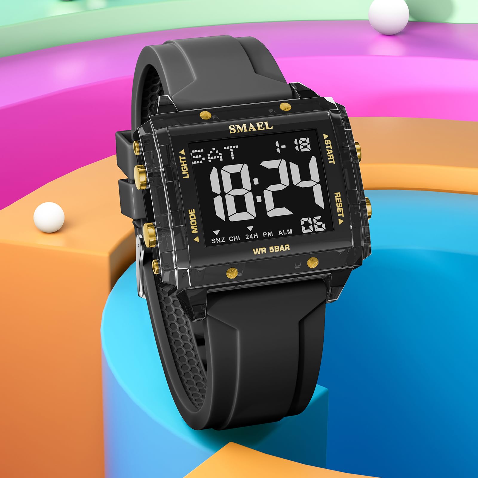 KXAITO Digital Sports Watch, Square Case 44mm, LED Night Light Display, 5ATM Waterproof, Silica Gel Band, Alarm Chronograph Stopwatch, Gift - 3