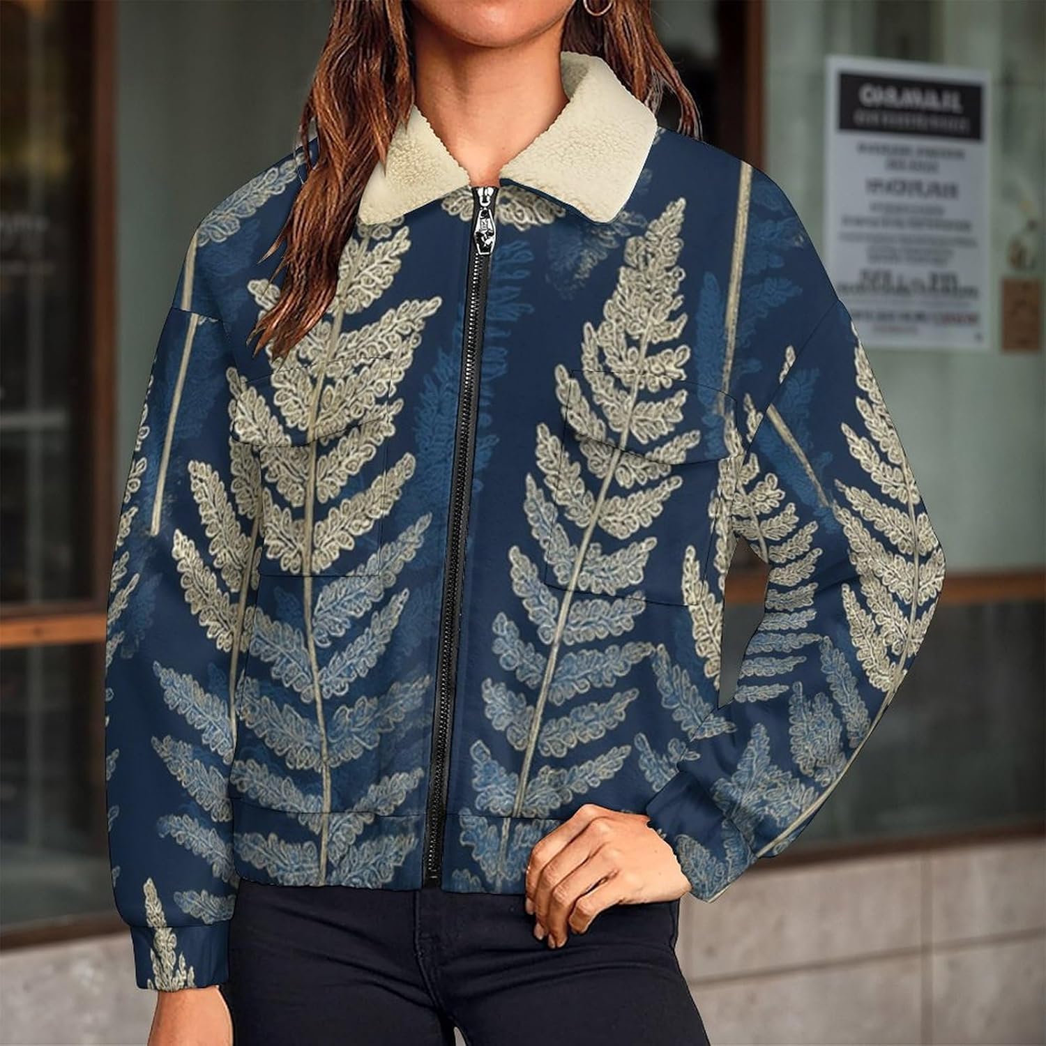 Women's Winter Warm Fleece Jacket Full Zip Sherpa Lined fern leaves Printed Heavyweight Casual Sweatshirt Coat