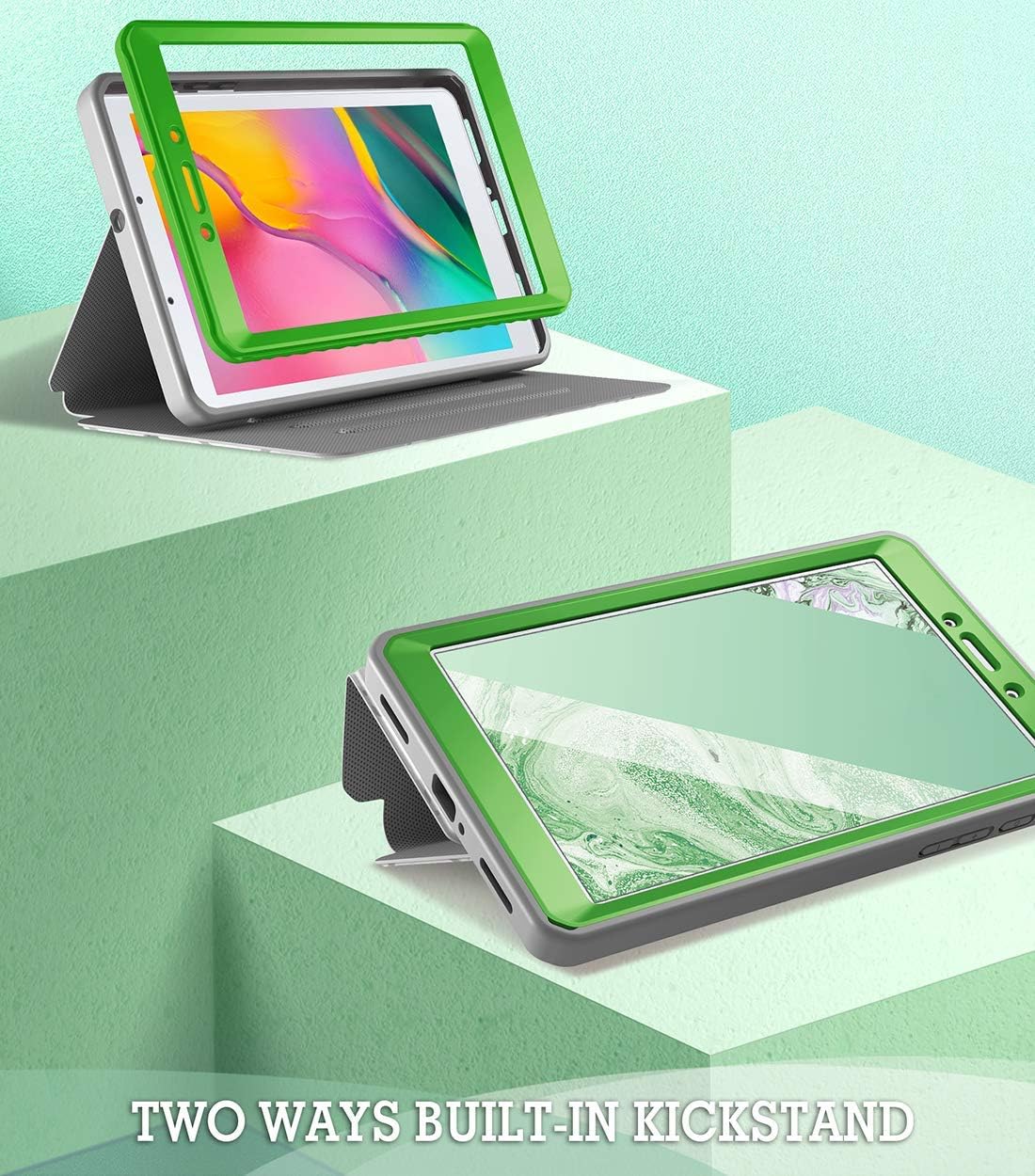 Popshine Marble Series Designed for Samsung Galaxy Tab A 8.0 2019 Case, Model SM-T290/SM-T295, Full Body Premium 360 Degree Protective Folio Cover with Built-in Screen Protector, Liquid Marble Green
