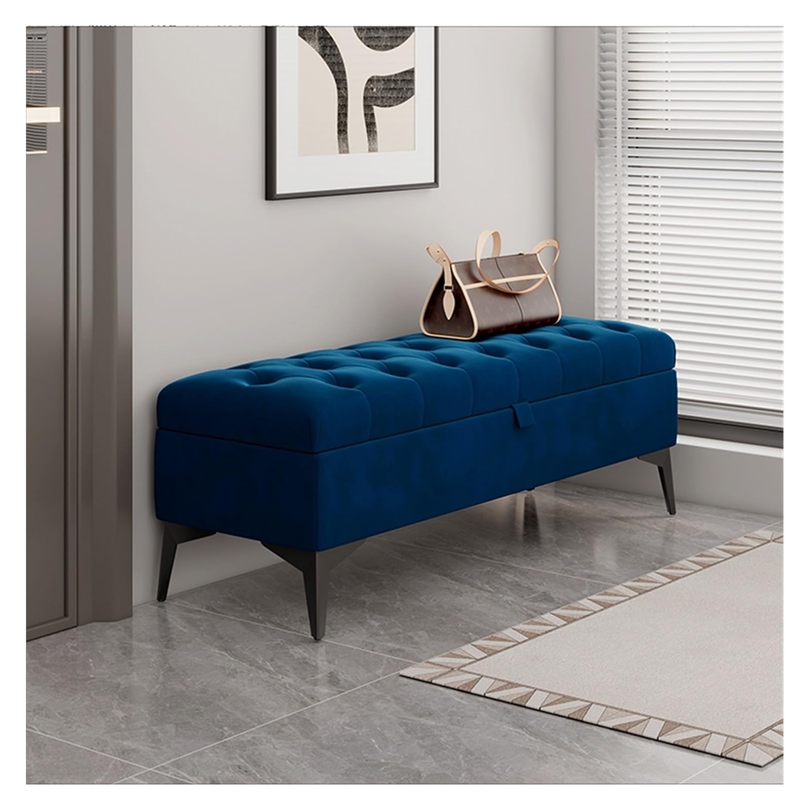 LMMIAOZ Modern Velvet Upholstered Storage Bench for Bedroom Dark Blue Tufted Footrest Stool End of Bed Entryway Bench with Storage 90 * 40 * 43cm