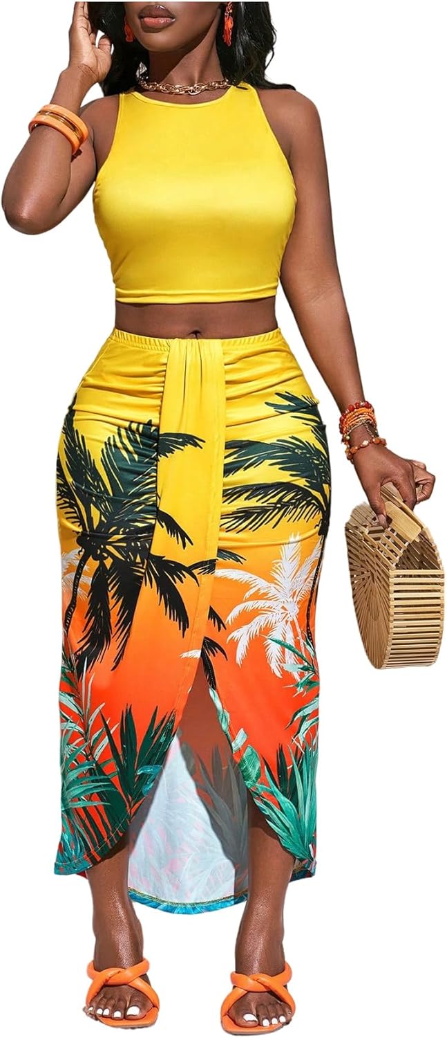 MakeMeChic Women's Tropical Vacation Outfits 2 Piece Sleeveless Crop Tops Bodycon Skirt Set