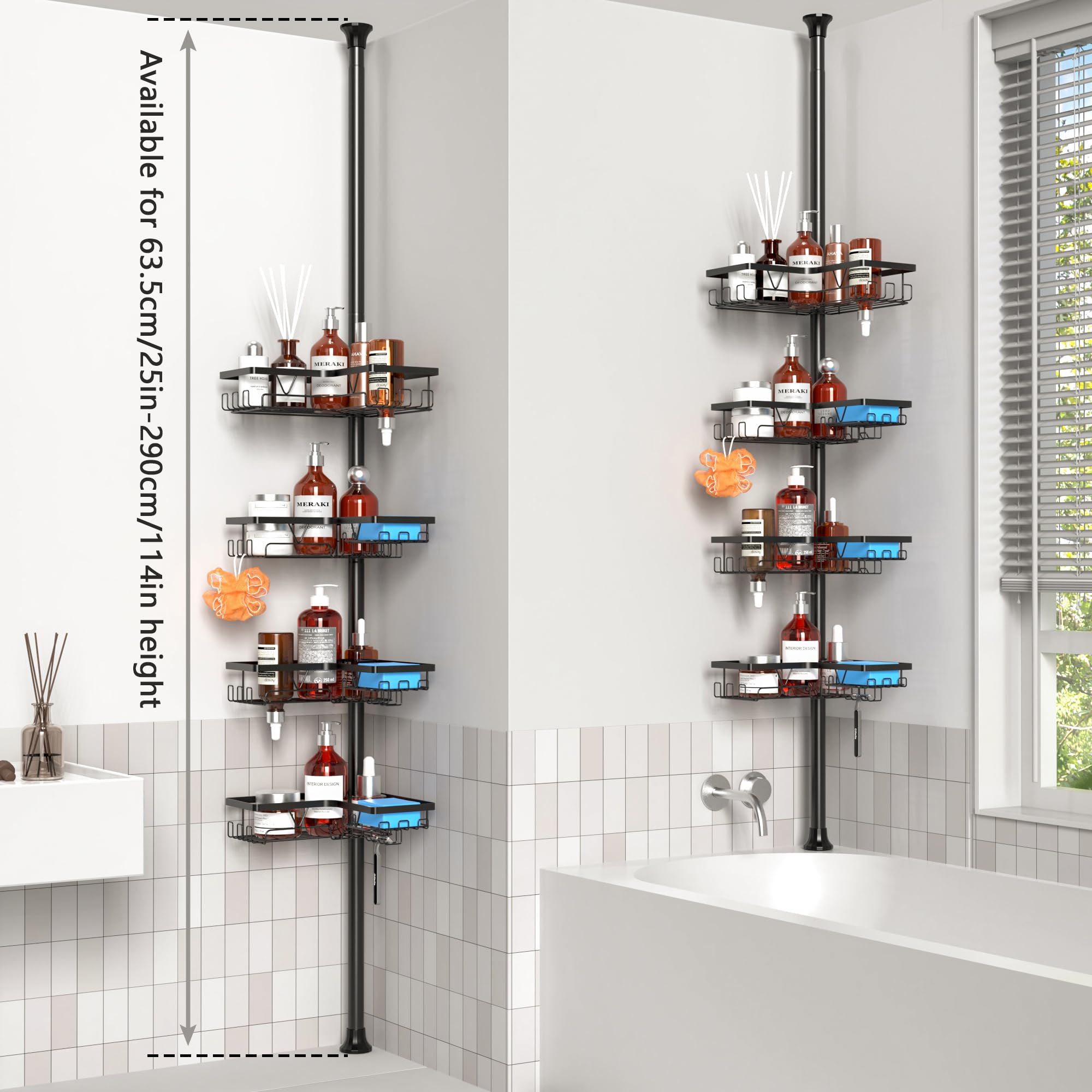 ZUNTO Mensola angolare per doccia, asta di tensione, regolabile da 63,5 a 289,6 cm, da pavimento a soffitto, organizer per asta da doccia in piedi, 4 ripiani, nero opaco