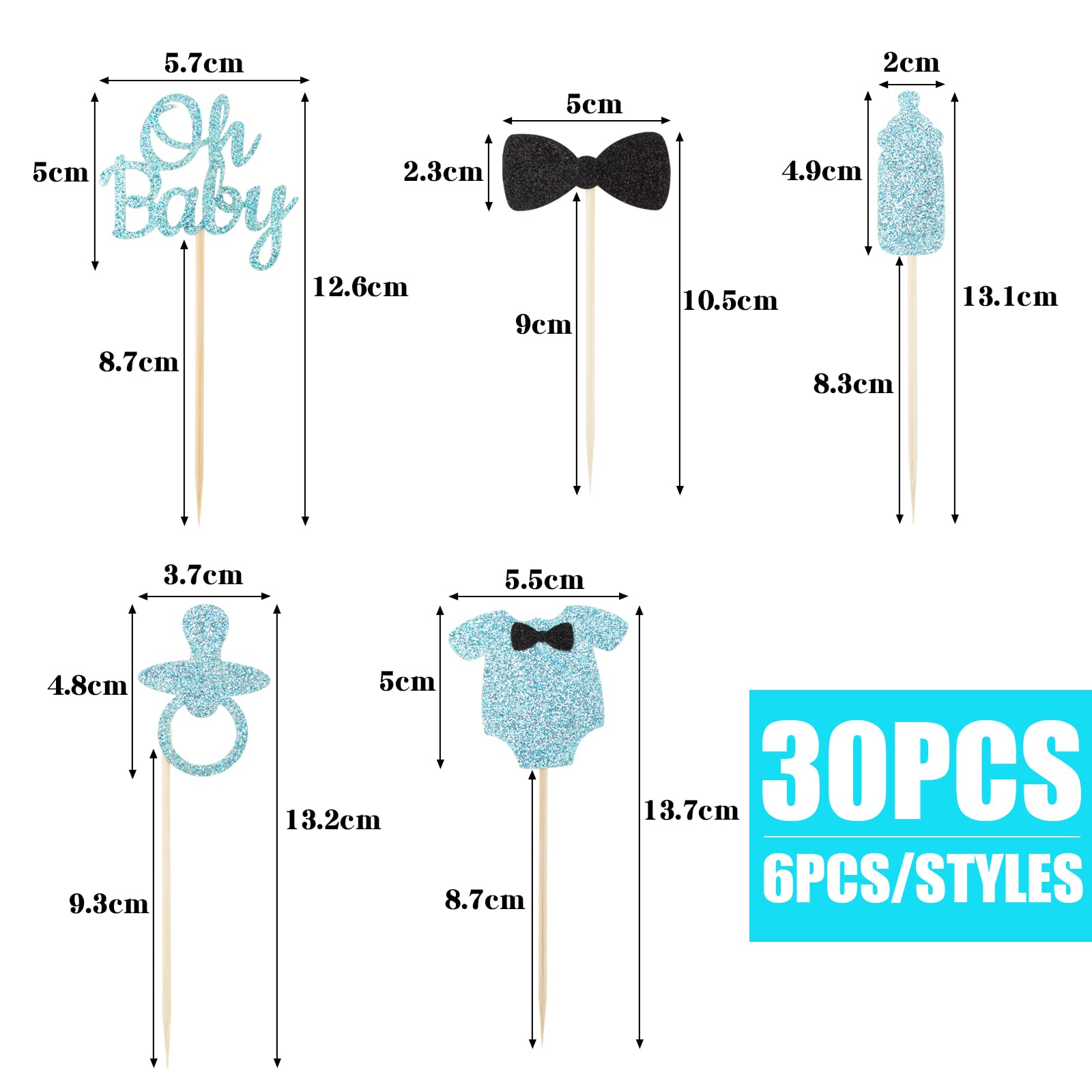 30 Stück Oh Baby Cupcake Topper – Blau Glitzernd, Für Babyparty & Gender Reveal