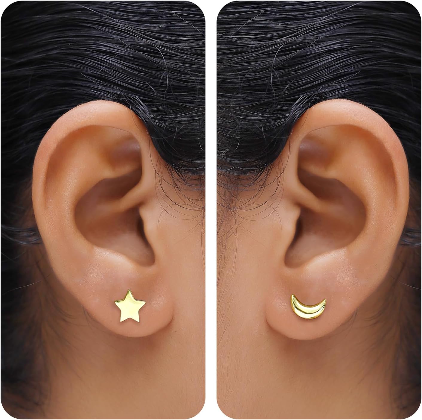 Asymmetric Earrings Half Moon And Star Lovely Charm Stud Earrings for Women's in 14k Gold Plated Sterling Silver With Push Back Womens Jewelry, gift for her, wife,