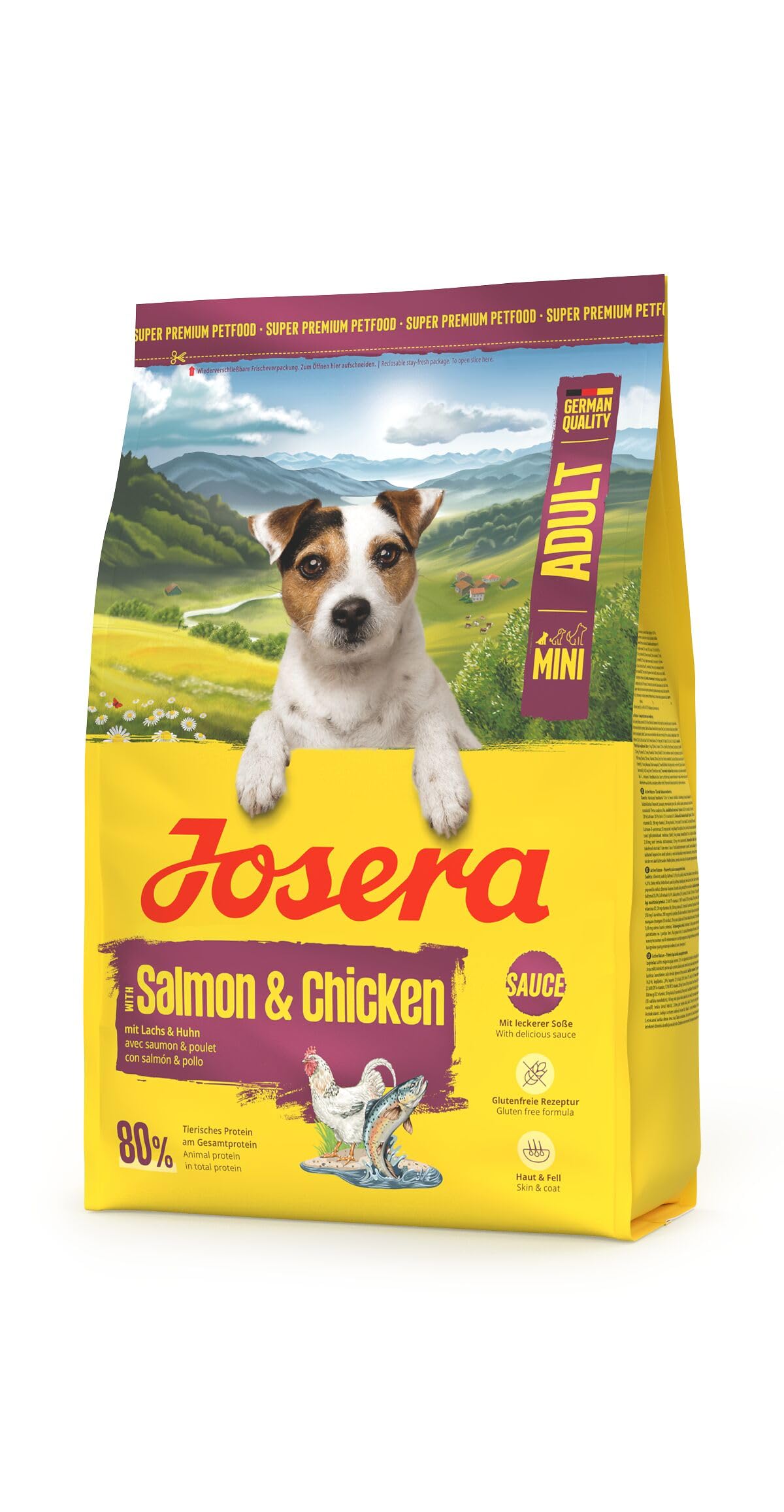 JOSERA Mini Lachs & Huhn (5 x 900 g) | Adult | Premium Trockenfutter für ausgewachsene Hunde Kleiner Rassen | mit Biotin | kleine Kroketten | mit leckerem Soßenpulver auch nass zu verfüttern | 5er