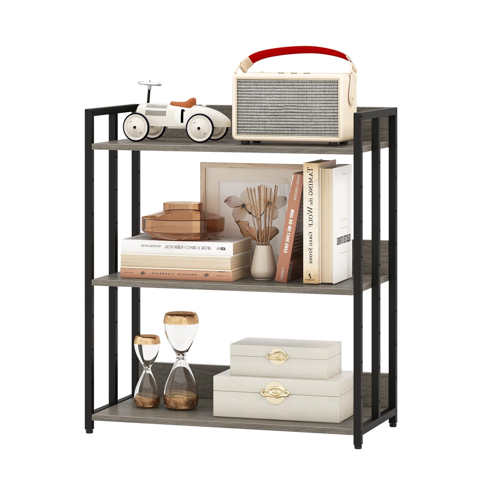 HOMASIS Estantería con 3 Niveles, Librería Industrial de pie con estantes metálicas Ajustables, Estantería Esquina de almacenaje con Dispositivo antivuelco para salón, Estudio, 70x35x81cm (Gris)