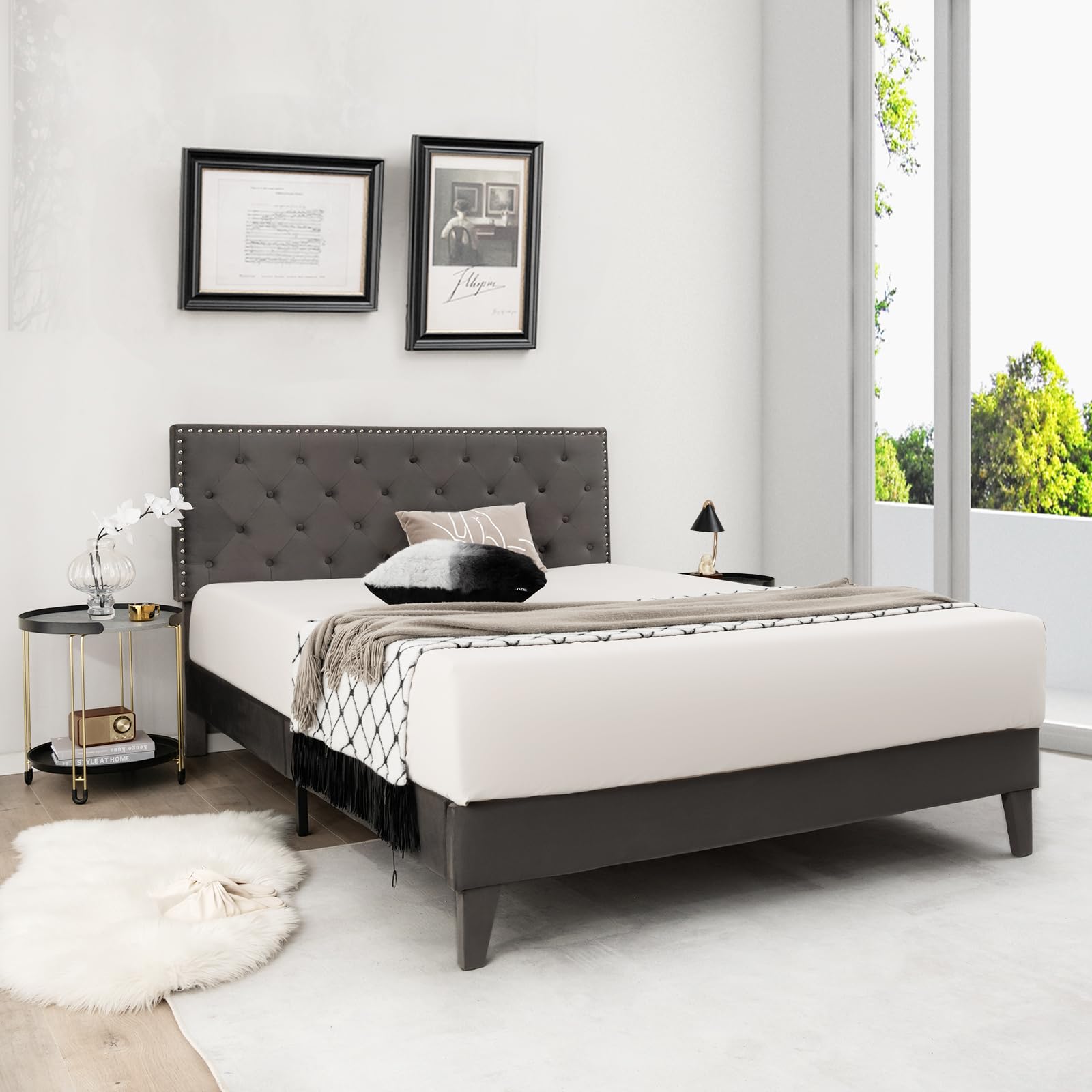 GOPLUS Lit 180 x 200 avec Sommier sans Matelas, Lit Capitonné avec Tete, King Size, Lattes Bois Massif, Charge 450 KG(Gris|Coin carré, 180X200CM)