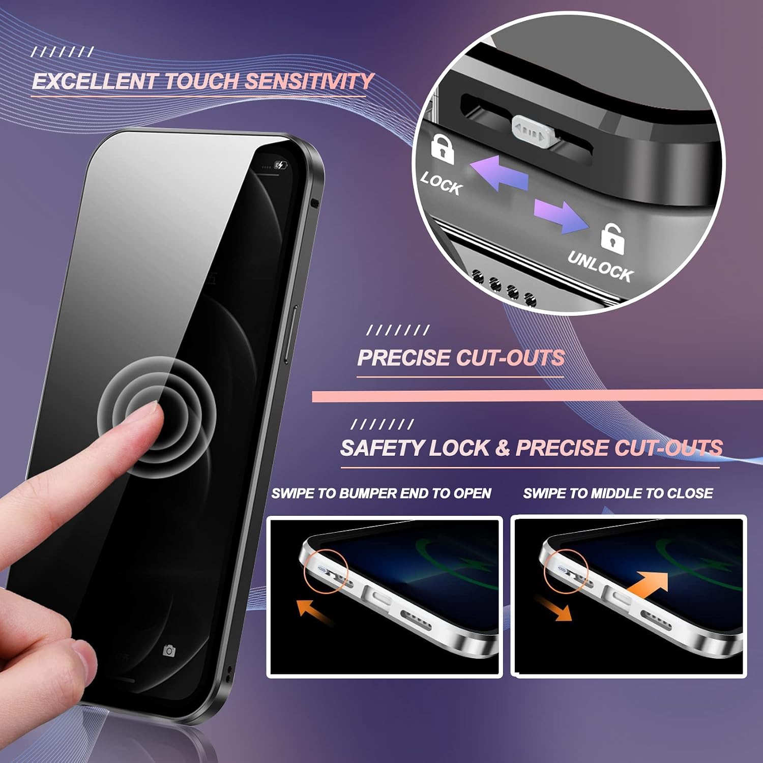 Privacy Magnetic Case Compatible for iPhone 13 Pro, [Safety Lock][Full Body Protection] Double-Sided Anti-Peeping Anti-spy Sensitive Screen Protector Clear Back Metal Bumper Confidential Case, Black