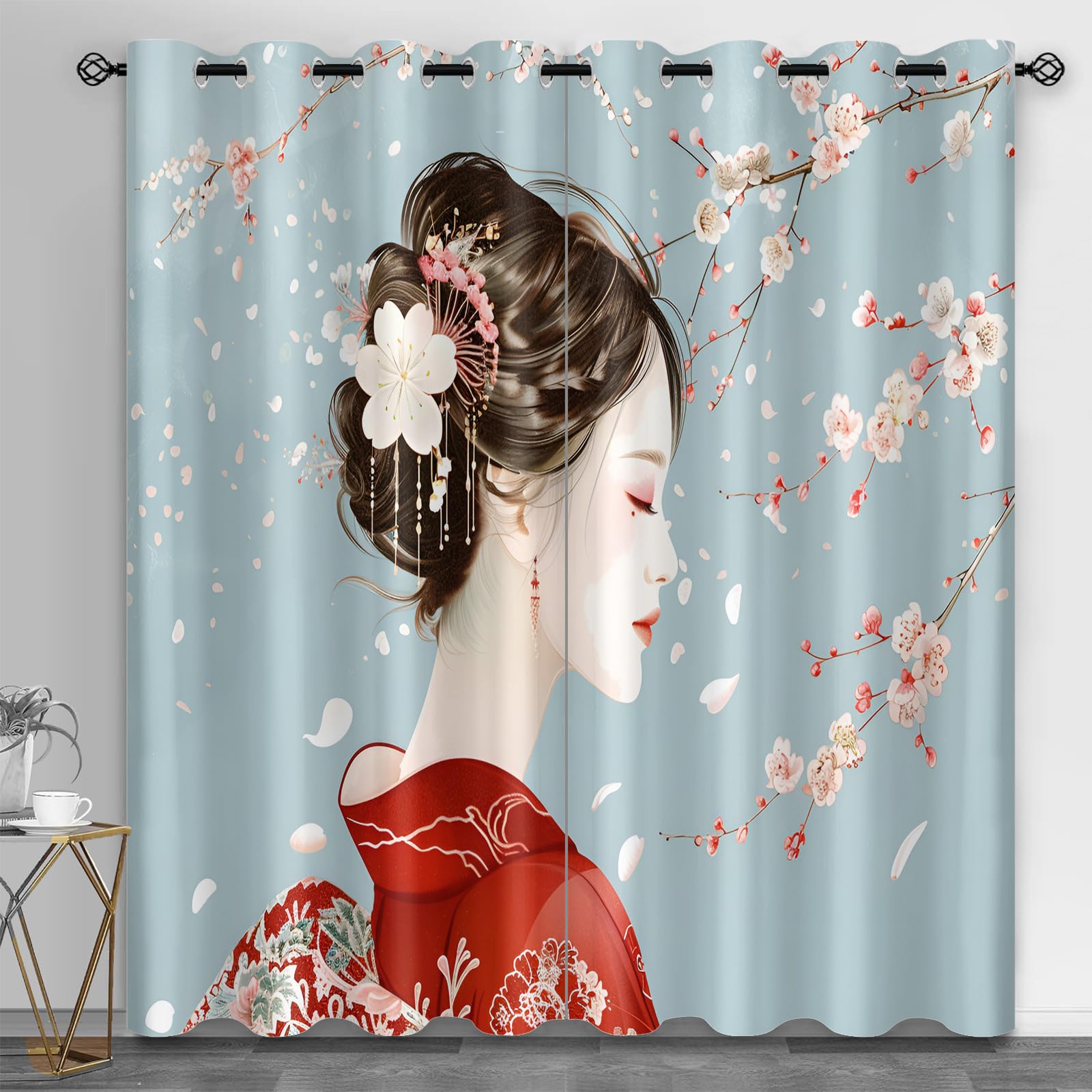 Rideaux geisha japonaise kimono rouge prune | Tissu lourd haut de gamme
