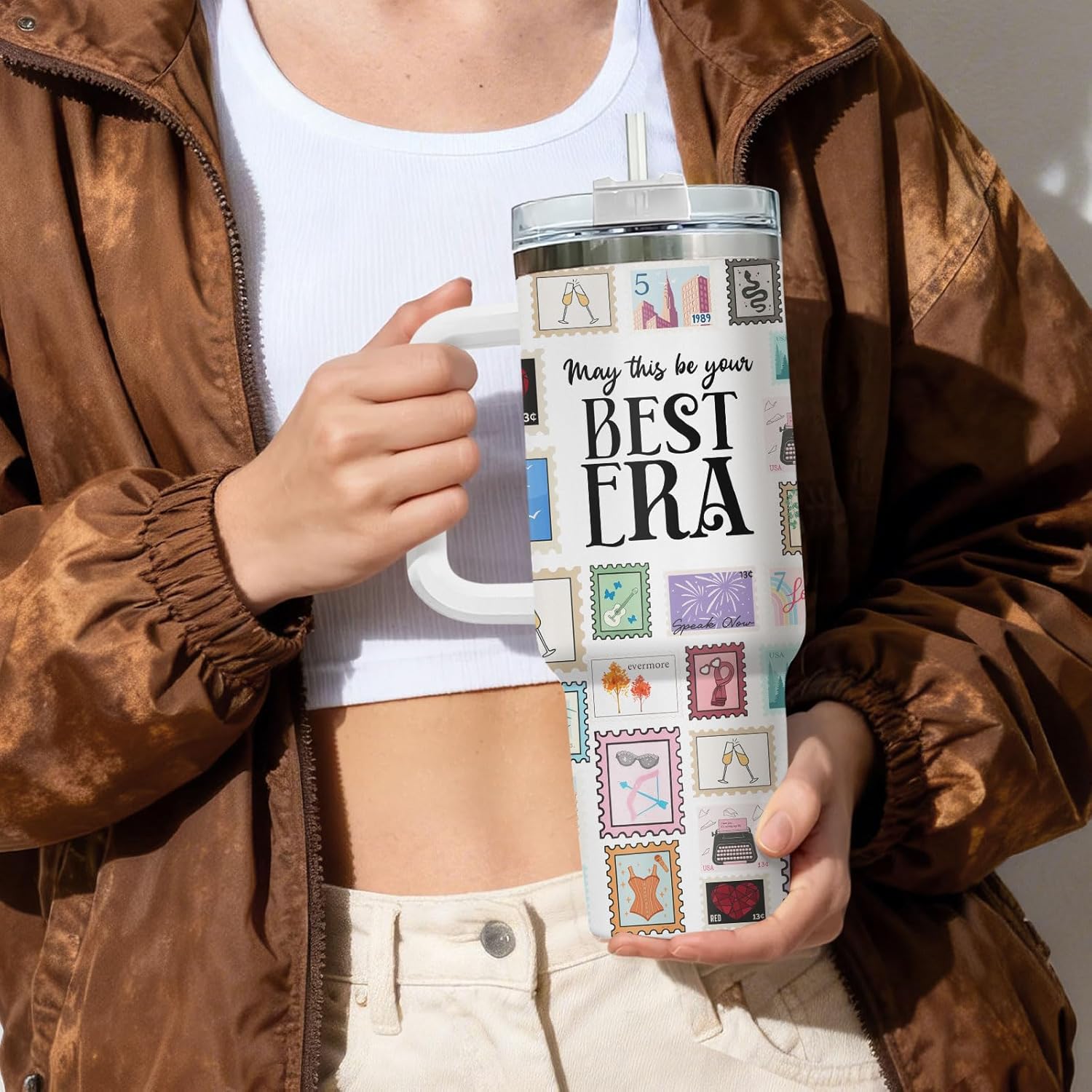 Stamp Collage Tumbler 40oz With Handle And Straw, Insulated Stainless Steel Travel Cup, Music And Book Lover Water Bottle, Birthday And Mothers Day Gift For Women