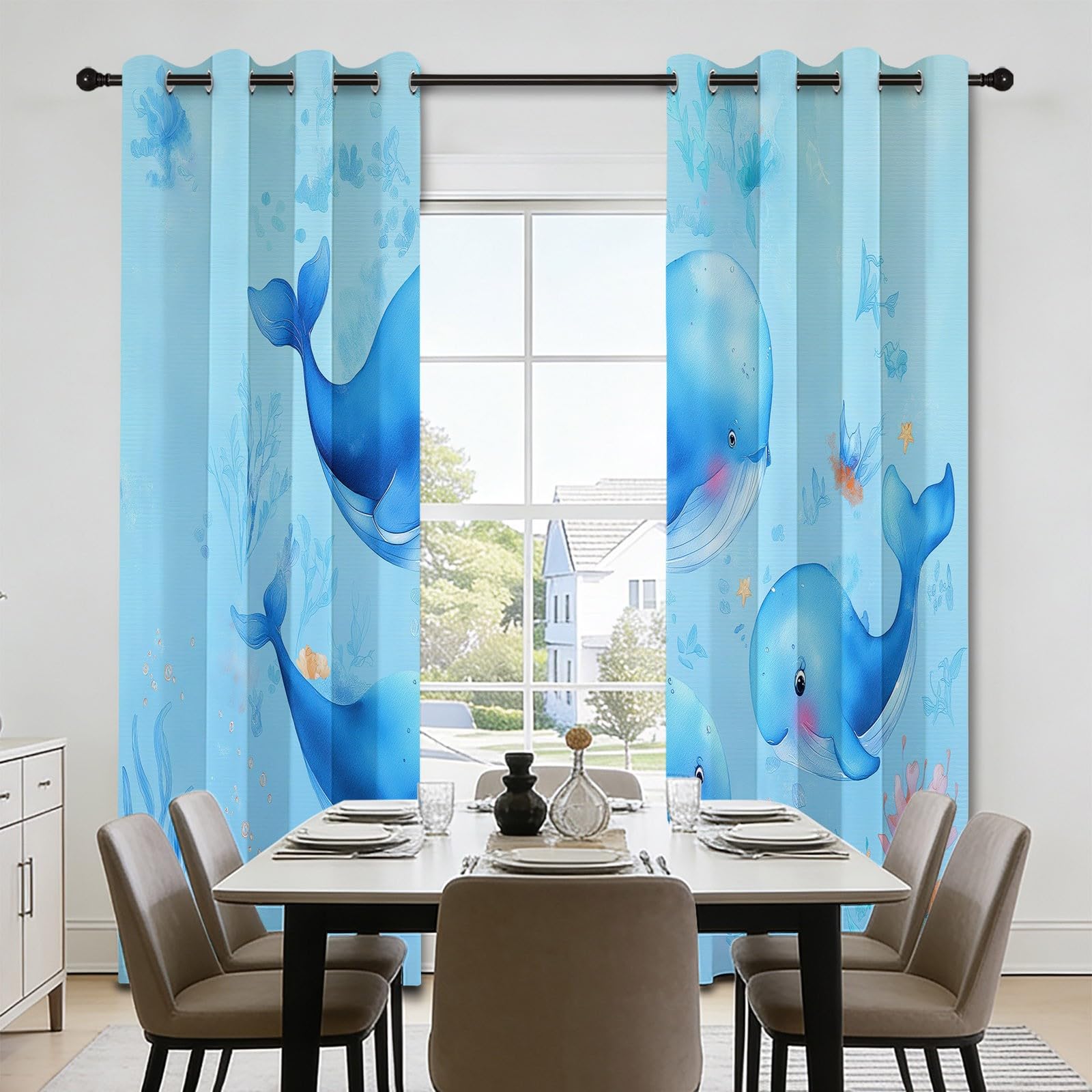 Tenda Mare Balena Corallo, Tenda Oscurante Termico Isolante Arazzo Opaco con Occhielli, Tendaggi Interni, Marina Cartoon Lenitivo Design per Soggiorno e Camera 2 Pezzi 140 x 160 H cm