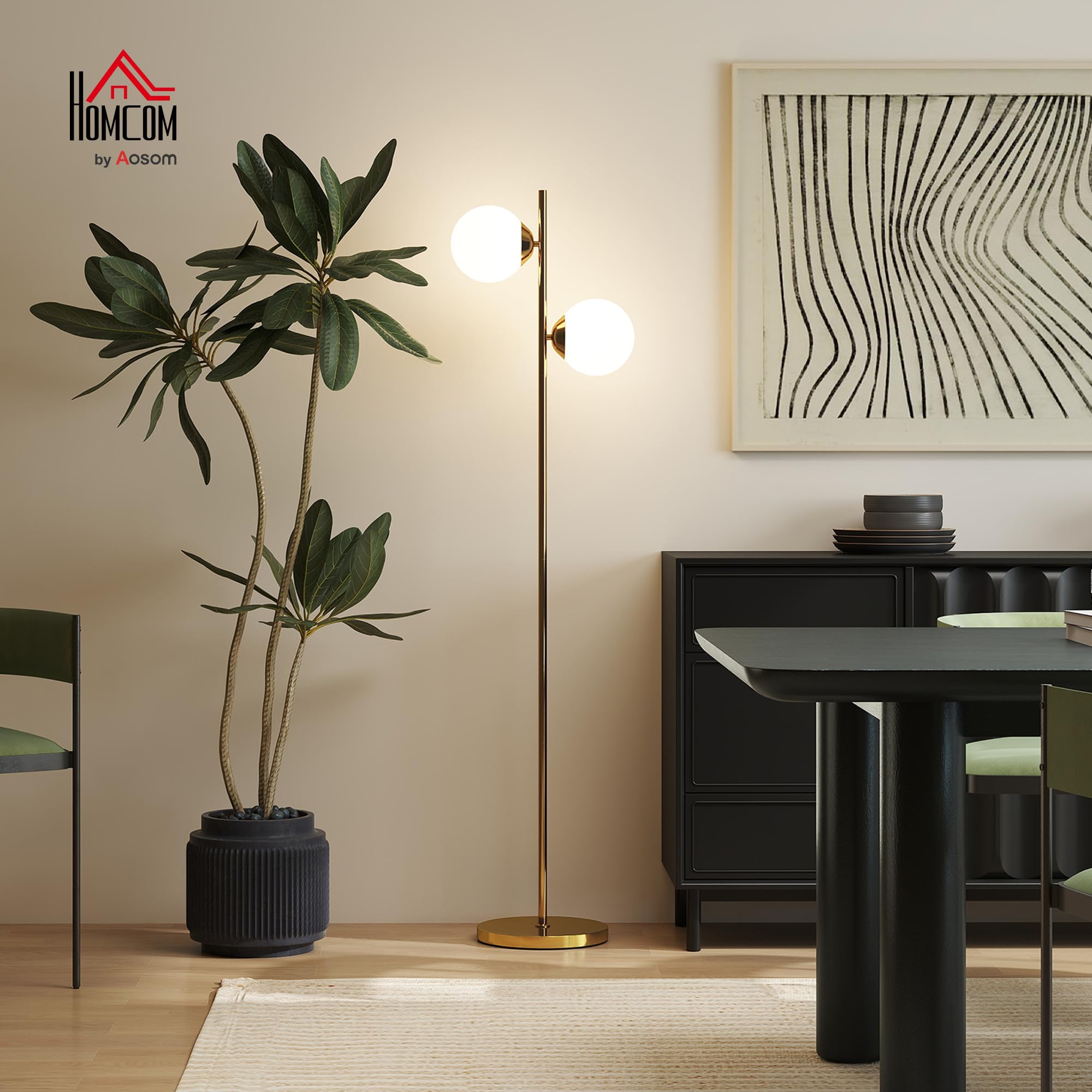 HOMCOM Lampada da Terra con 2 Luci e Paralumi a Sfera, Lampada a Piantana da Pavimento con Interruttore a Pedale, Attacco E27, 39x28x165 cm, Oro