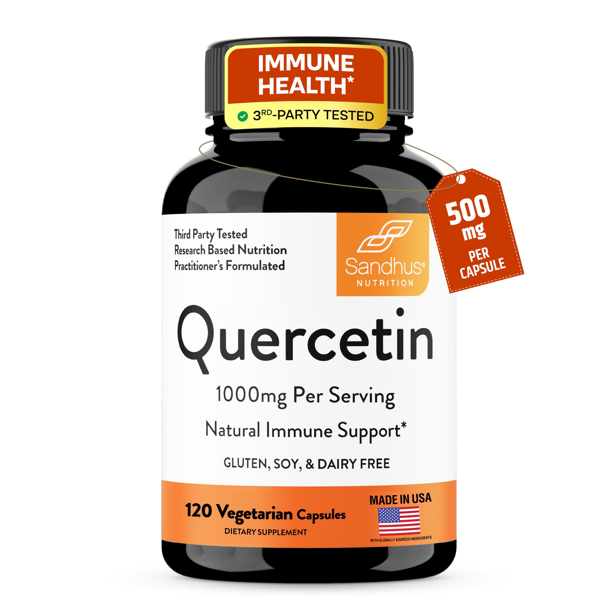Sandhu's Quercetin 500mg Capsules 1000mg Per Serving 120 Ct Vegetarian