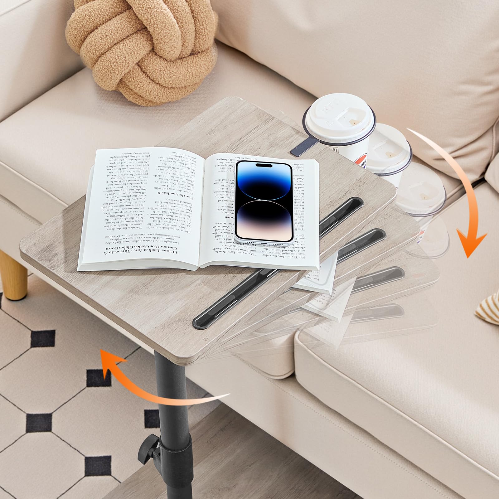HOOBRO Tavolino a Forma di C Regolabile in Altezza, Tavolino Divano Rotazione 360°, con Portabicchieri Rimovibile e Slot per Tablet, Grigio Invecchiato e Nero EBG34SF01