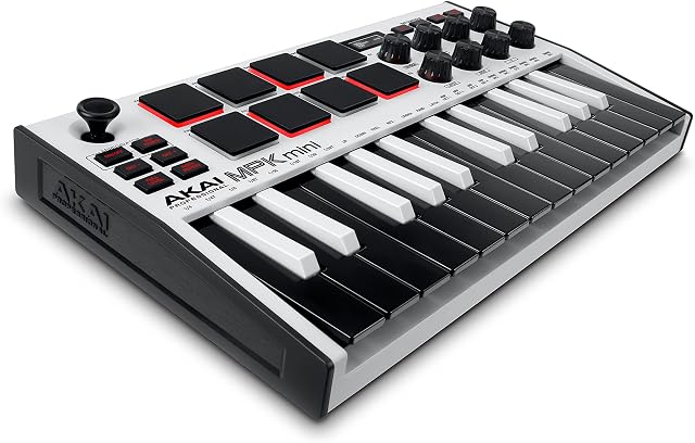 AKAI Professional MPK Mini MK3  25 Key USB MIDI Keyboard Controller with 8 Backlit Drum Pads, 8 Knobs and Music Production Software Included (White)