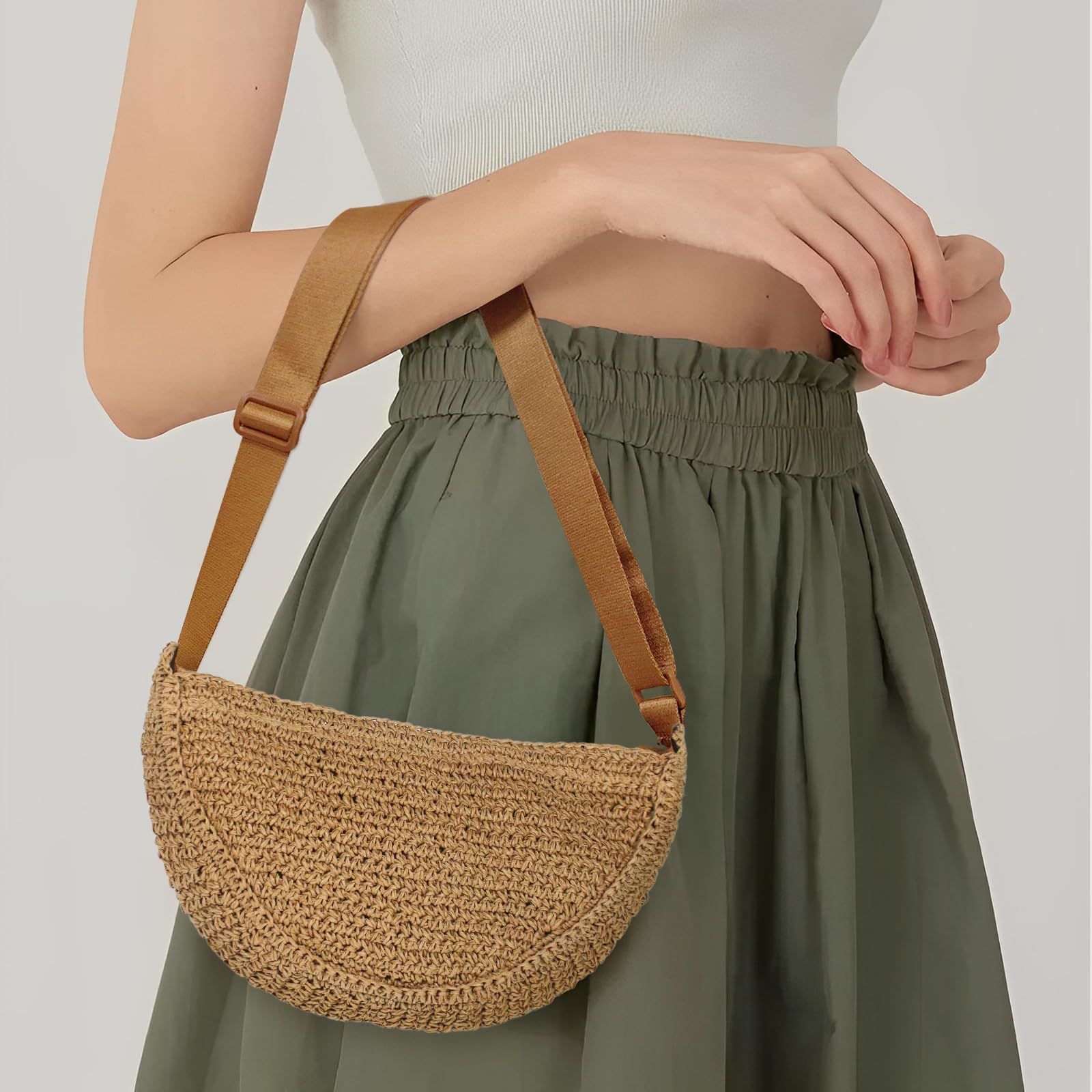 Paille Croix Corps Sac pour Femmes Été Tressé Plage Sac Croissant Bandoulière avec Sangle Réglable 2025