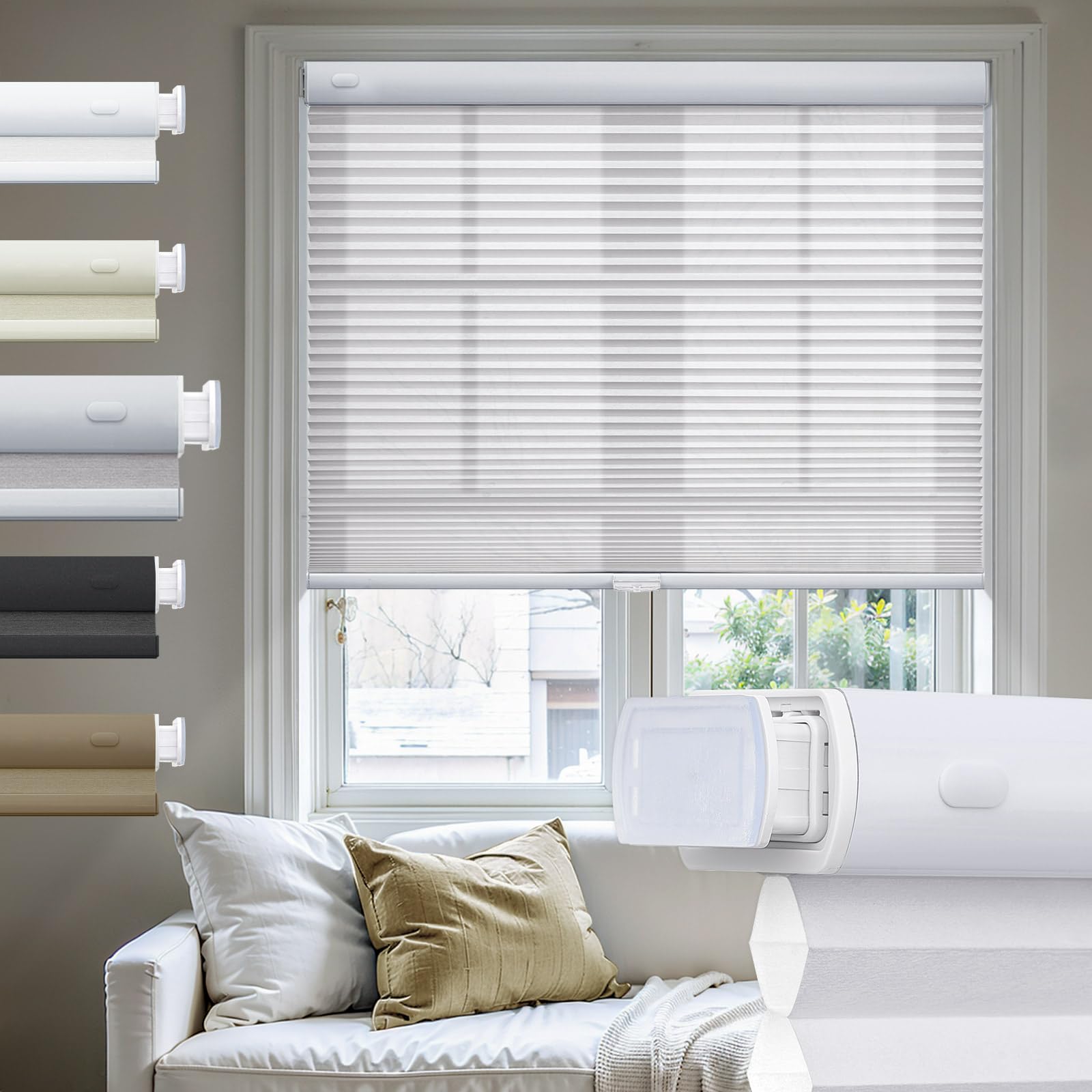 Moonice No Drill Cellular Pleated Blinds Cordless Cellular Blinds Light Filtering Color-Matched Shades Thermal Insulated 3.8cm Honeycomb Shade for Windows Home (Gray,125cm W x 163cm H)