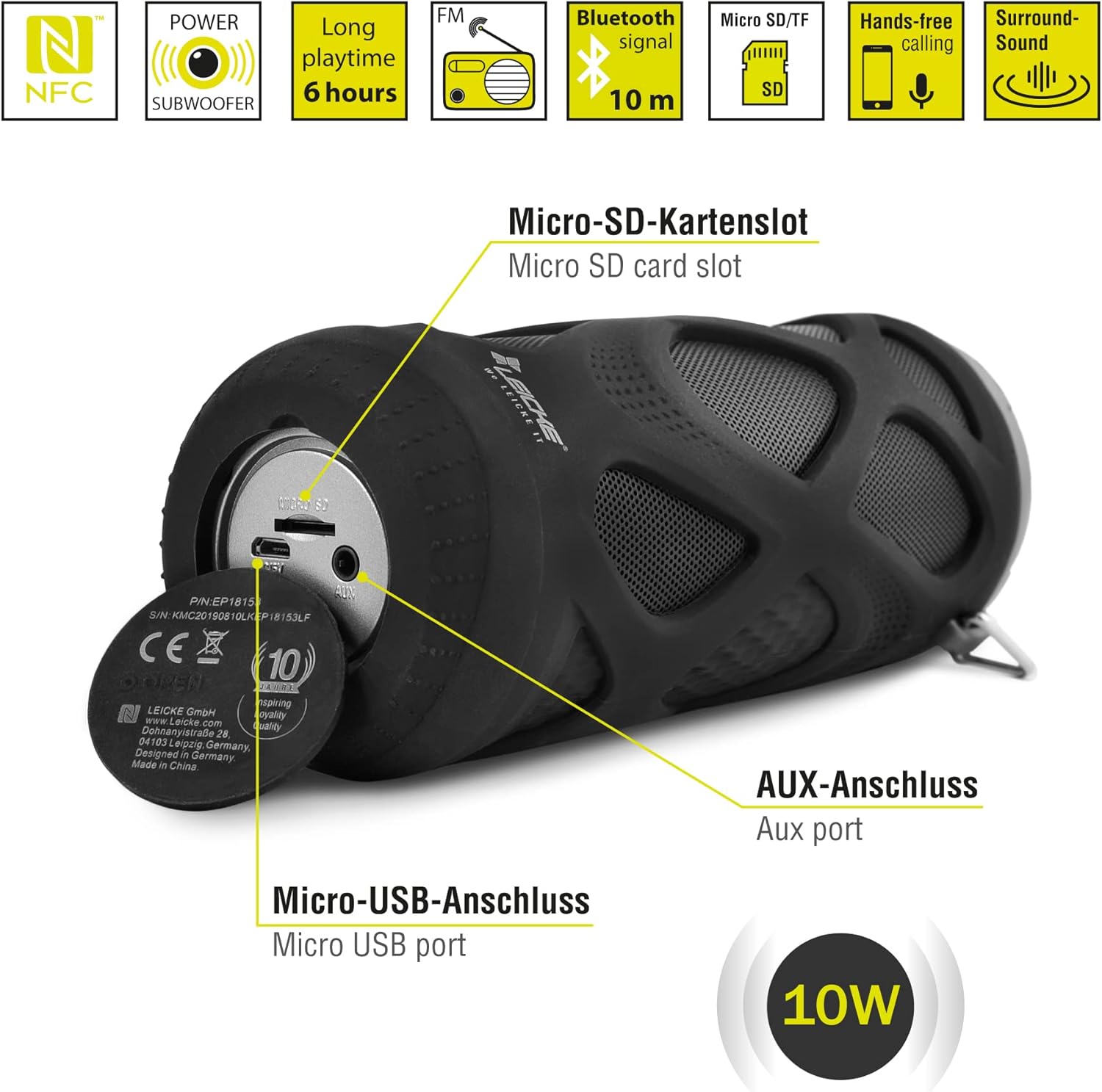 Image showing the rear ports of the LEICKE DJ Roxxx speaker, including the Micro SD card slot, AUX port, and Micro USB charging port.