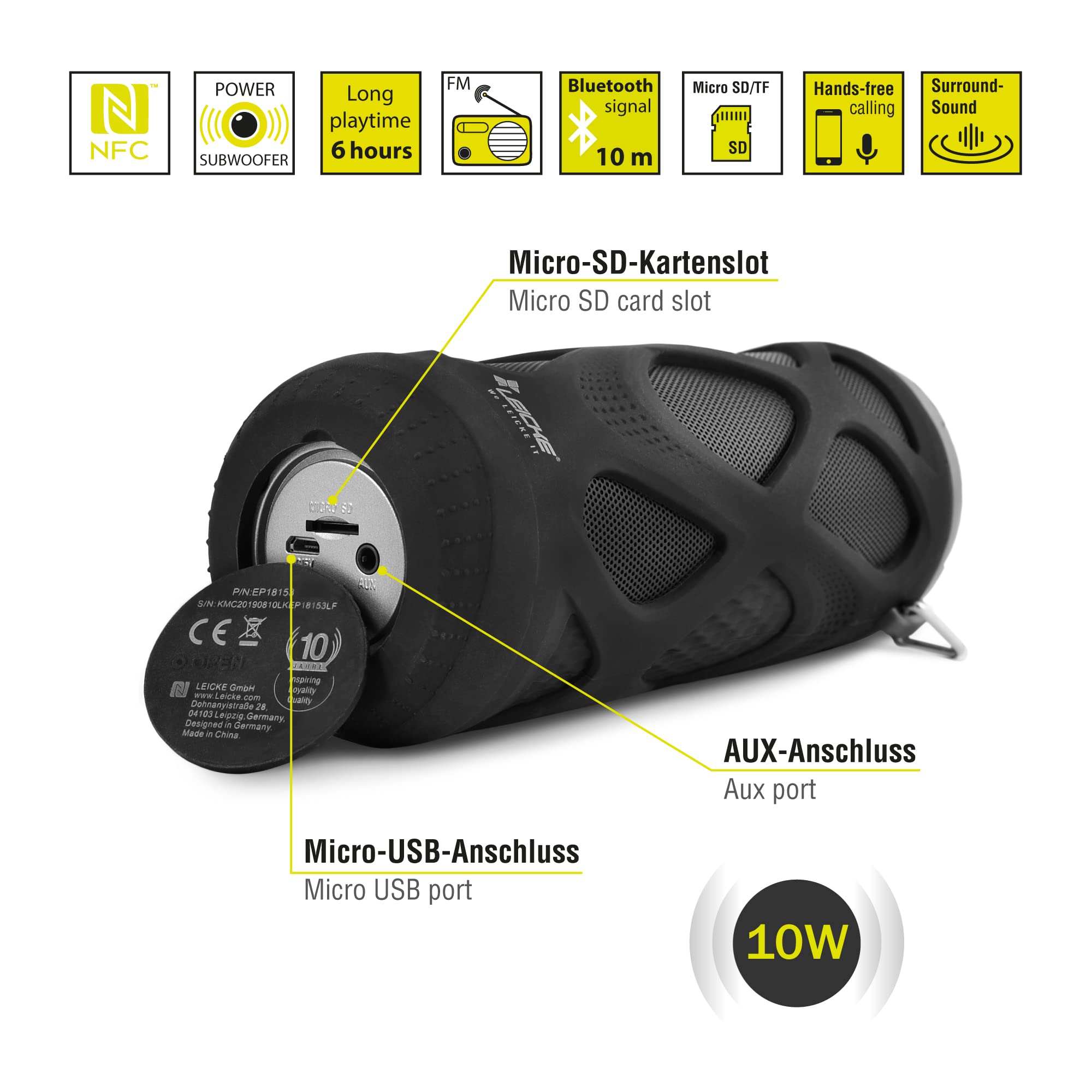 LEICKE Bluetooth Lautsprecher DJ Roxxx | spritzwassergeschützter tragbarer Lautsprecher | Kabellose Musikbox | fürs Fahrrad und Outdoor ​| Mit Wasserfest Stoßfest Mikrofon Portable 360° Stereo Audio