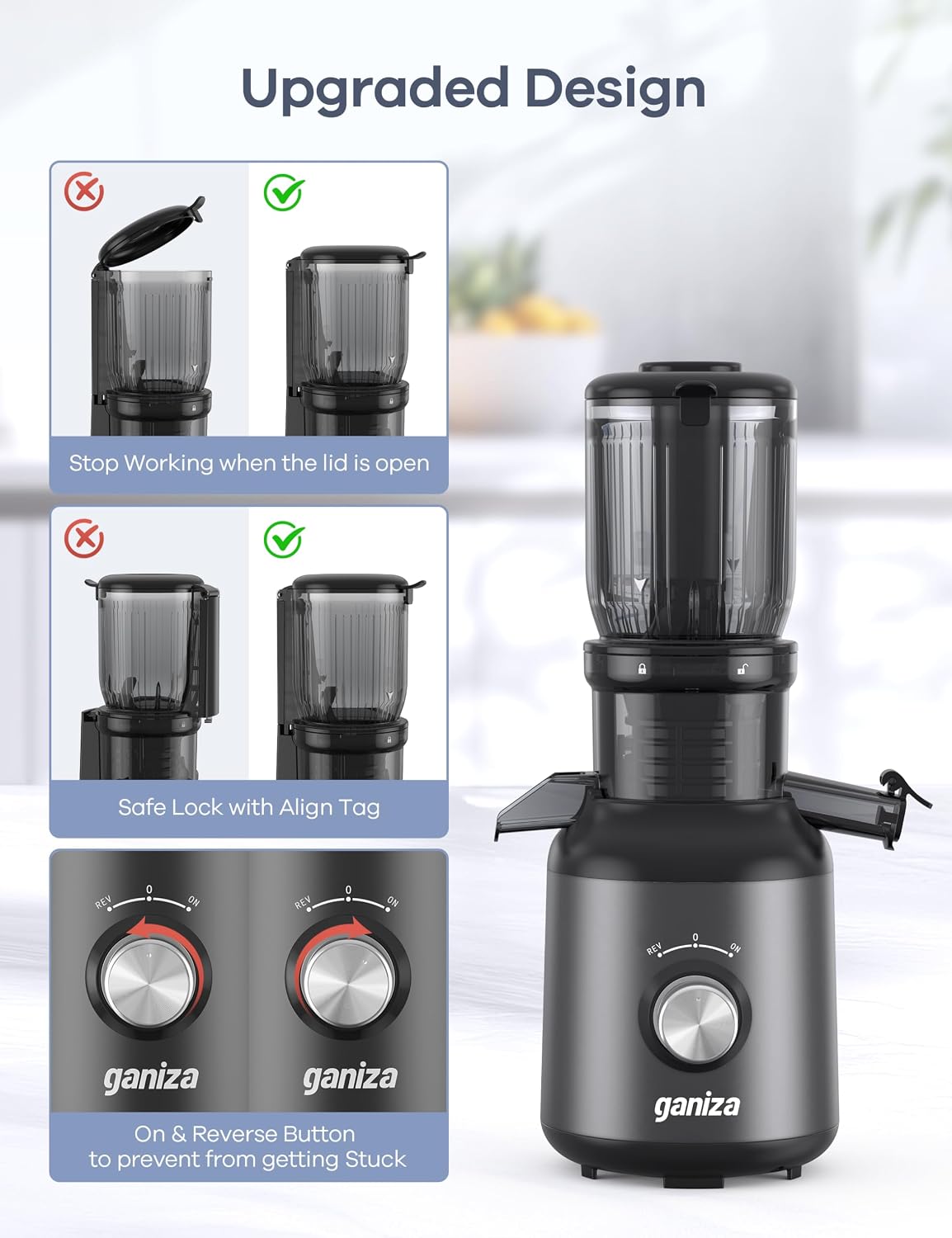 Ganiza GJ10 Juicer control knob with ON, OFF, and Reverse settings, and safety lock indicators