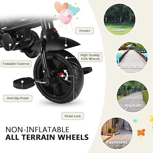 Miniatura 5 de Kinder King Triciclo para niños, triciclo plegable 7 en 1 para niños pequeños con mango de empuje ajustable, asiento giratorio, toldo ajustable,